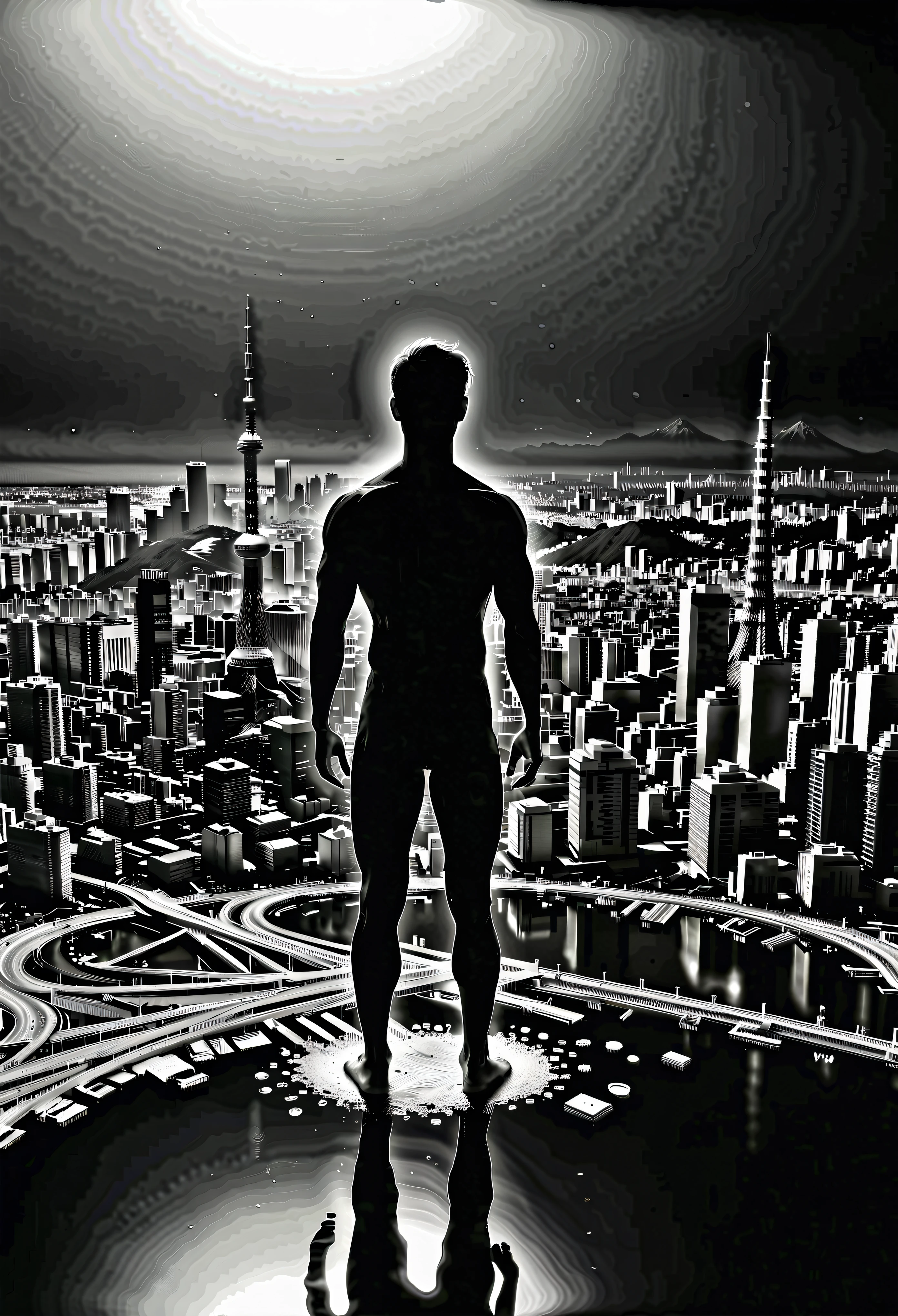 (Masterpiece in maximum 16K resolution:1.6),((liquid_metal_art):1.3),((Tokyo_liquid_metal_art):1.5) ((darkest_insane_silhouette_illustration):1.2),(intricate detail:1.4), (extremely insane detail:1.4),(highest quality:1.3),(Hyper_realistic:1.3). | Liquid metal art, (Tokyo City), subtle details, Japanese art style background, soft lighting, captivating composition, Tokyo silhouette, artistic interpretation. | ((silhoutte_of_Tokyo_City__in_liquid_metal_art):1.5), Japanese art decorations, dark decorations, each art detailed and rendered with a masterful gouache technique, silhoutte art behance,surreal, It gives an exotic aura. | ((perfect_composition, perfect_design, perfect_layout, perfect_detail, ultra_detailed)), ((enhance_all, fix_everything)), More Detail, Enhance.