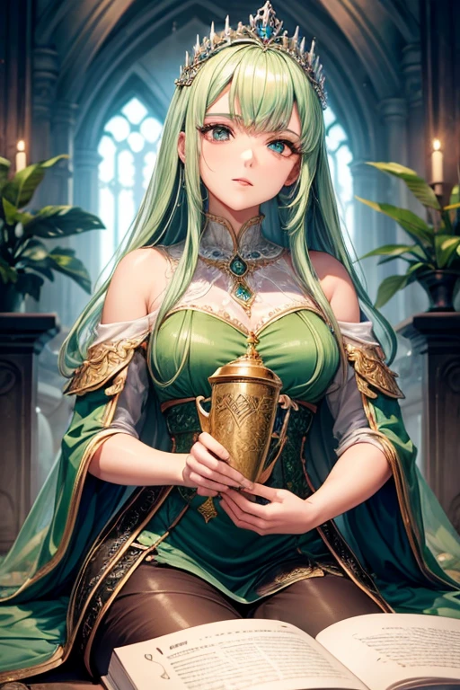 Rainha de copas segurando carta de baralho, cabelos vermelhos,olhos verdes, rosto perfeito, vestido deslumbrante.