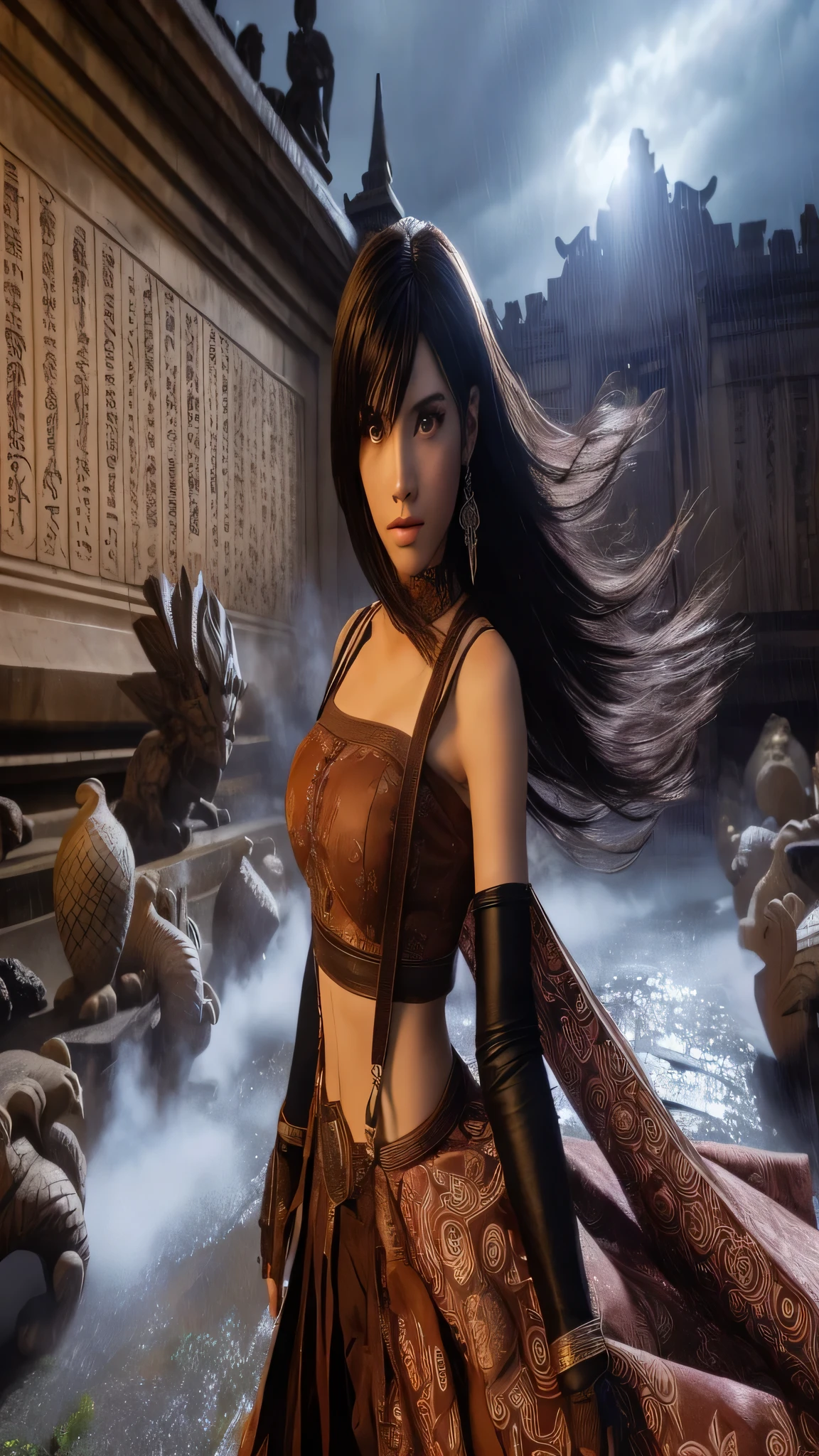 best quality, masterpiece:1.2), ultra high res, realistic, front lighting, intricate detail, Exquisite details and textures, 1girl, solo, face highlight, upper body, detailed face, ponytail, looking at viewer, Mmasterpiece, {extremely detailed CG unity 8k wallpaper}, Amazing, finely detail, solo, detailed background, beautiful detailed eyes, cleavage, bright pupils, {{full body}, }, dynamic pose, looking at viewer, detailed clothes, cinematic lighting, close-up, best quality, Masterpiece quality, best quality, high_quality, high_resolution, masterpiece*portait, whitespace, colorful, 1girl, solo, black_hair, prism hair, realistic eyes, realistic eyes, full_body, realistic hand, realistic finger, good finger, real texture, real image, serious, masterpiece realistic