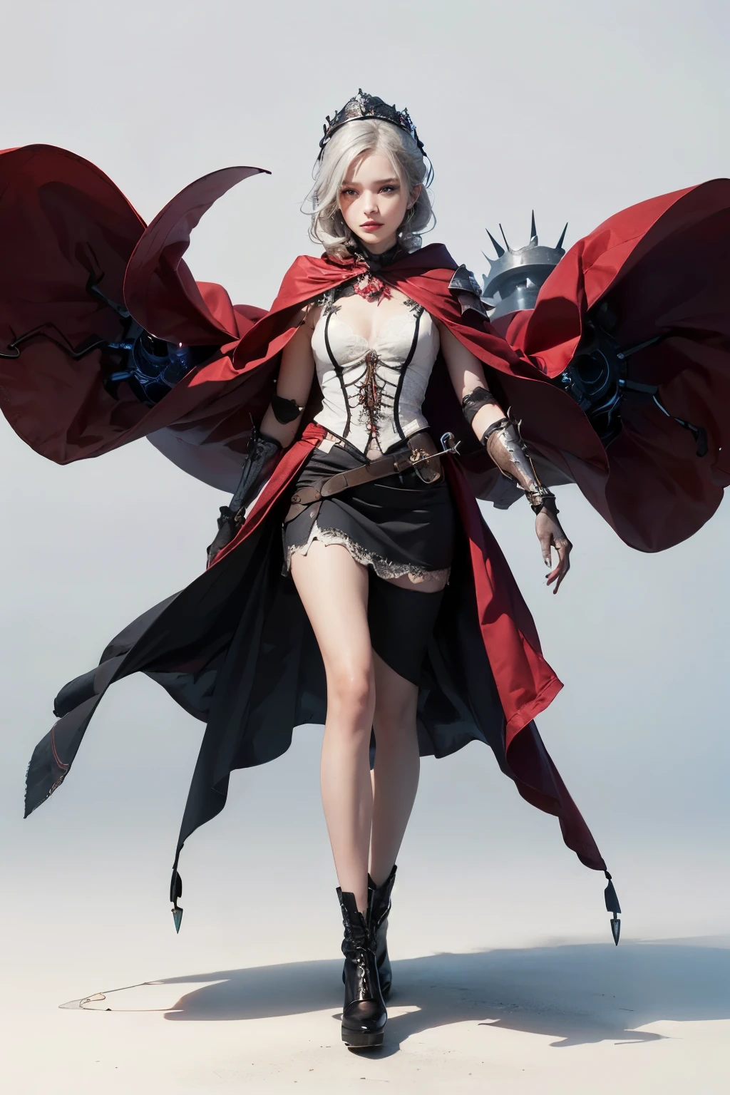 mpts
Copy
(((masutepiece, of the highest quality, super detailed))), a knight, white background, plain background, Bloodborne inspired, Bloodborne, occult aesthetic, occult, Complex mechanical cyborg girl, Skeleton body, red and white clothing detailed and intricate steampunk and detailed gothic lolita (with a hood), diadems, very thin long legs, Complex mechanical boots above the knee, Fluttering lace flared mini skirt, beautiful small breasts directed upwards, (((( Highly detailed face))), small thin nose, Small thin lips mouth, (((Very sharp focused eyes))), Very large slit precision pale grey eyes that shine like jewels. very long eyelashes, Silver hair swaying in the wind, Emitting a dazzling light in a mandala pattern, white background, Very dramatic and cinematic lighting, red and white clothing, full body, whole body, body, cosmic horror