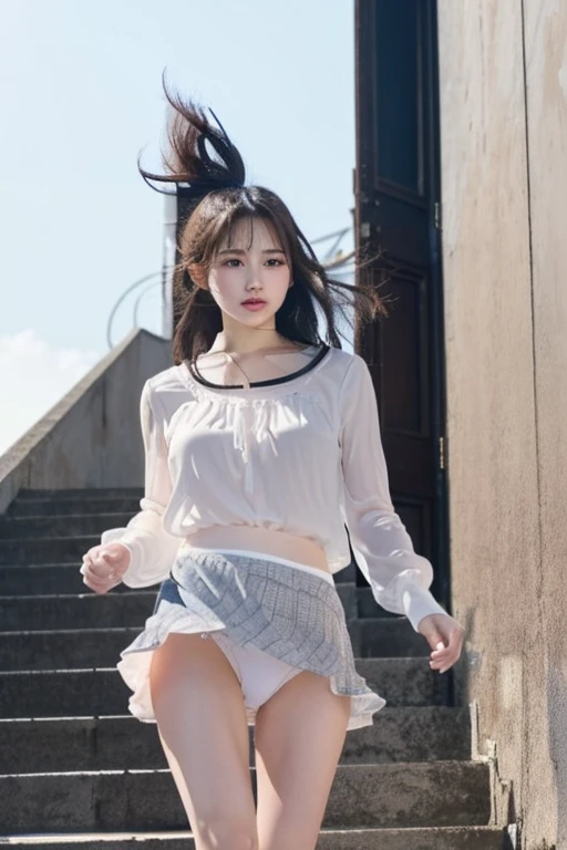 Floundering skirt、A slightly short skirt、(The skirt flutters in the wind、The wind blows up my skirt)、I can see her panties、(Running up the stairs)、(see-through beauty)、(wearing pure white blouse:1.3)、Well-proportioned face、Good looking