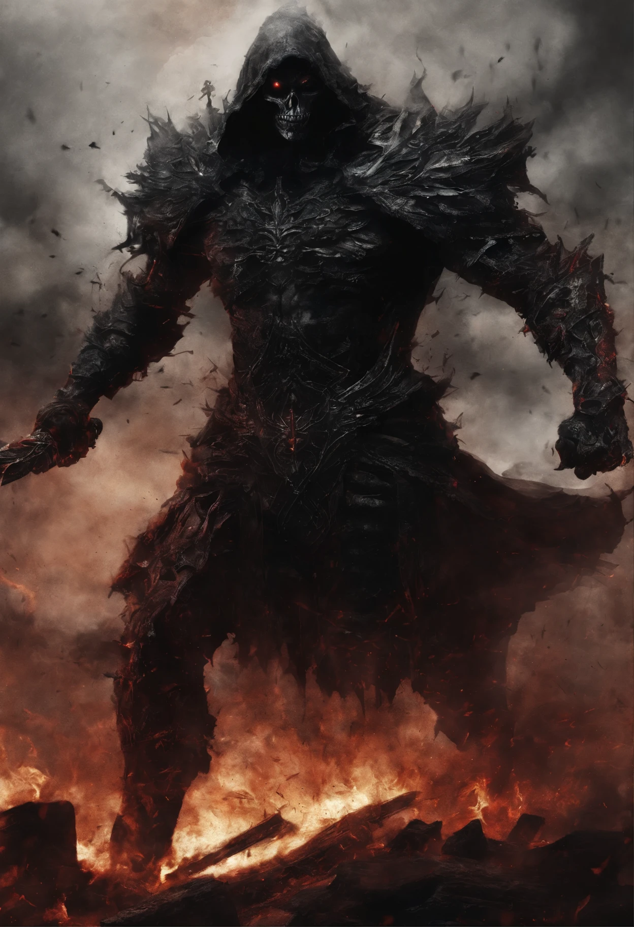 Hombre grande,marcas y simbolos por el cuerpo,pelo largo y lanco,capucha roja,Espada gigante de almas en pena,oscuro,almas,guantes demoniacos,armadura masiba,armadura de almas en pena,demonio, Fuego, caballo infernal de fuego y lava,ojos rojos,ojos azules brillante, infierno, apocalyptic,fin del mundo, Lado oscuro,ruina, guerra, Darksiders , ERA (Darksiders), obra dearte,guerrero,enviado del infierno,Horseman of the Apocalypse,muerte,sangre,destruccion,hambre,lucha,furia,ciudad debastada,edificios en ruinas,calles destruidas,pobo y particulas en el aire,muchas victimas alrededor,demonios muertos,demonios descuarisados y sangrando,espada clabada,espada enterrada,espada con sangre,mirada aterradora,misterio