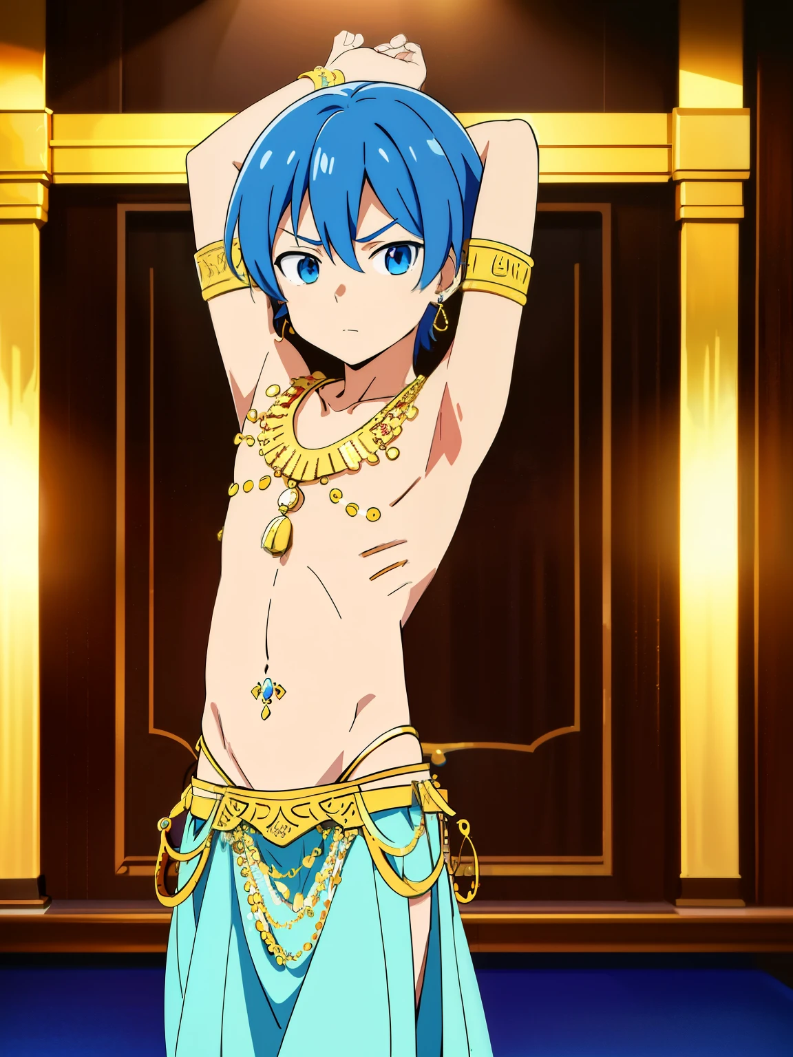 Highres, Masterpiece, Best quality at best,Best Quality,hight quality, hight detailed, 1boy, Boy, Solo, Cat ear, black hair, Earring, Shota, Egyptian palaces, Egyptian tribal luxury loincloth, Gold necklace, Navel piercing, Gloves, night day, Shirtless, Topless, Bare chest, Slim body, smile, sweat, Simple beckground, Seen from the front, Upper body, Depth of field, (Showing armpit:1.3), Look at viewer, Seen from front, (very small and short stature), (very young boy), -yeld bo Blurry beckground