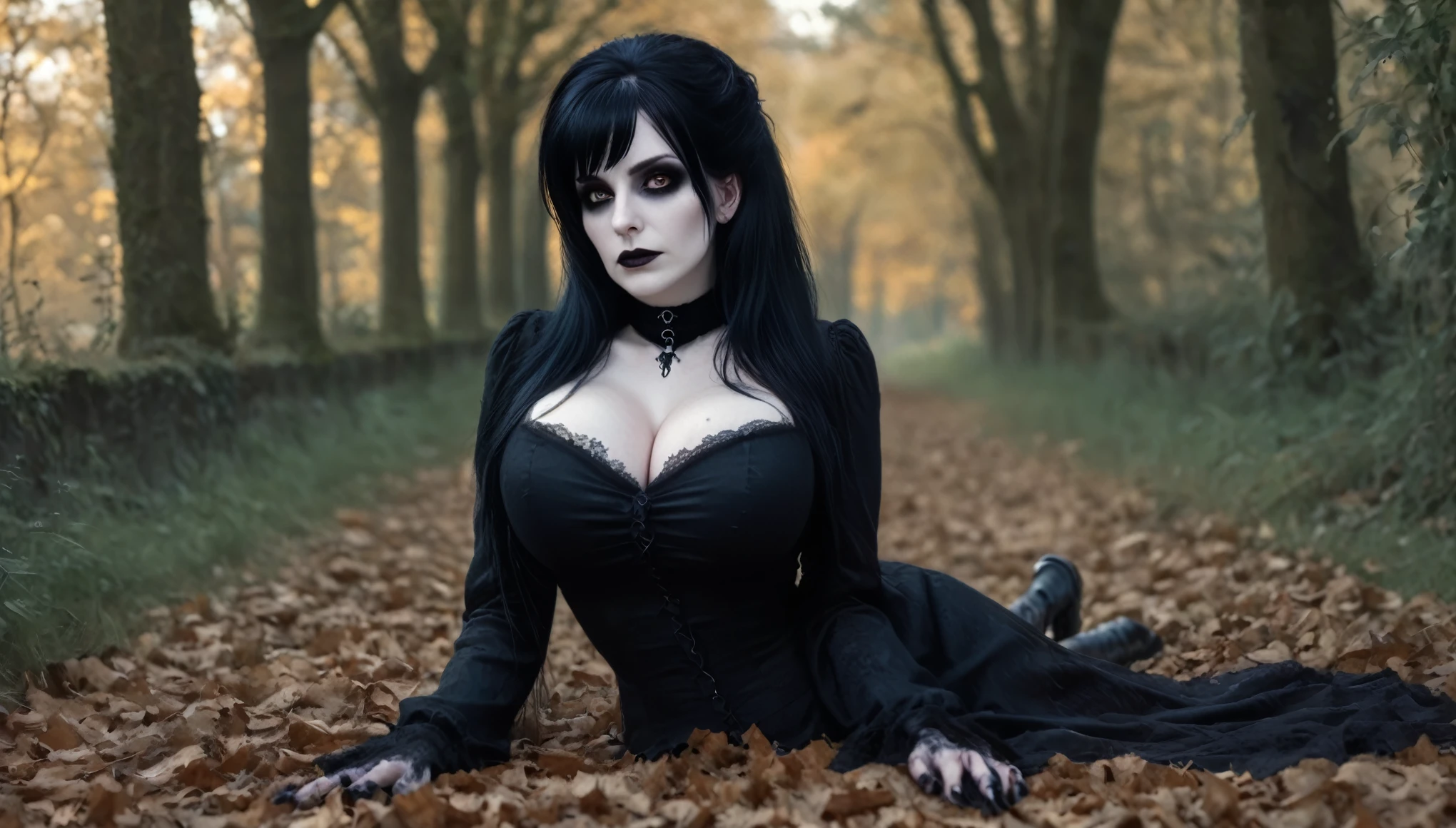 a woman that is laying down on the ground, a character portrait inspired by Edna Mann, deviantart, gothic art, elvira in tattered clothes, very beautiful goth top model, goth woman, large breasts, photo realistic, 8k, vibrant color