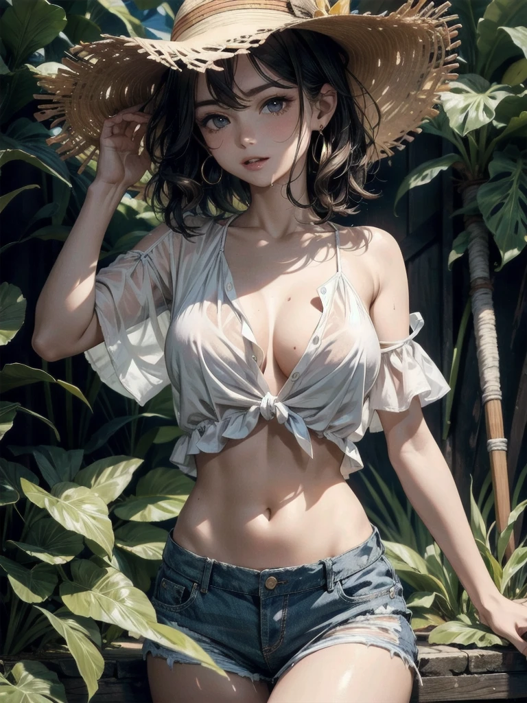 absurdres, RAW photo, extremely delicate and beautiful, masterpiece, Best Quality, ultra high resolution, 32k, hyperrealistic, ultra-detailed, perfect figure, tearful mole, earring, whole body shot, short medium hair, wavy hair, big breast, casual, blouse, white shirt, buttoned shirt, bare shoulders, collarbone, midriff, navel, shorts, straw hat, 