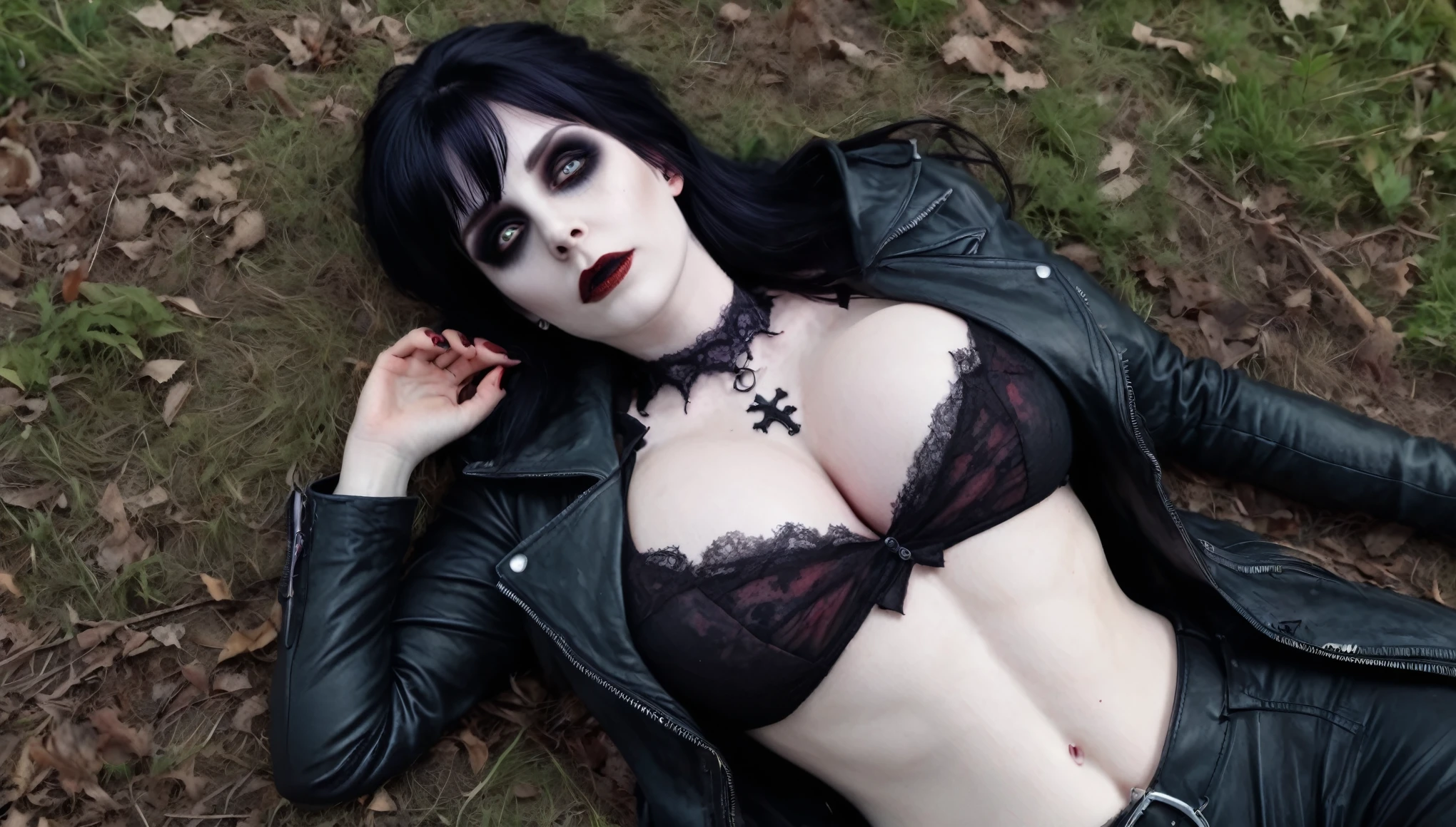 a woman that is laying down on the ground, a character portrait inspired by Edna Mann, deviantart, gothic art, elvira in tattered clothes, very beautiful goth top model, goth woman, ?????????????, photo realistic, 8k, vibrant color