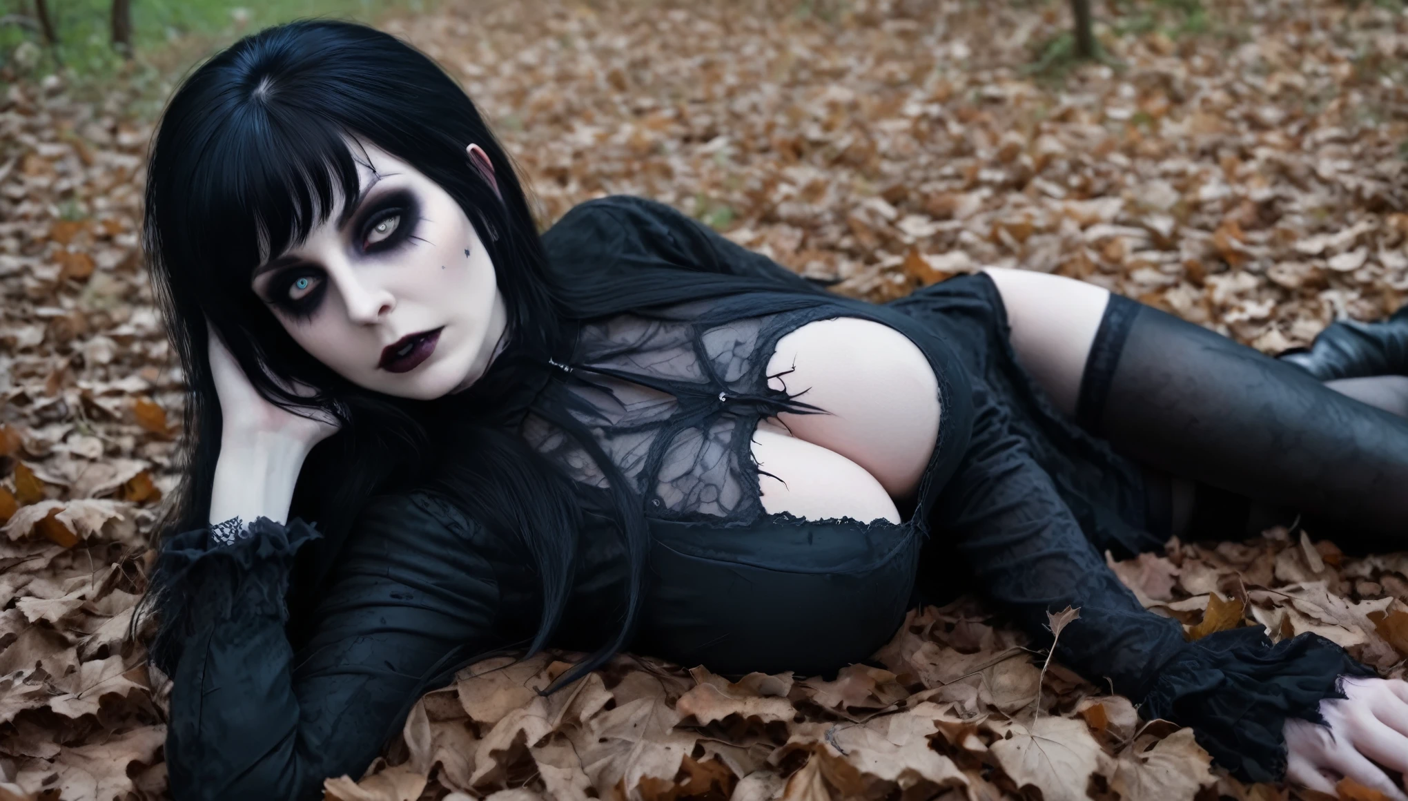 a woman that is laying down on the ground, a character portrait inspired by Edna Mann, deviantart, gothic art, elvira in tattered clothes, very beautiful goth top model, goth woman, large breasts, photo realistic, 8k, vibrant color