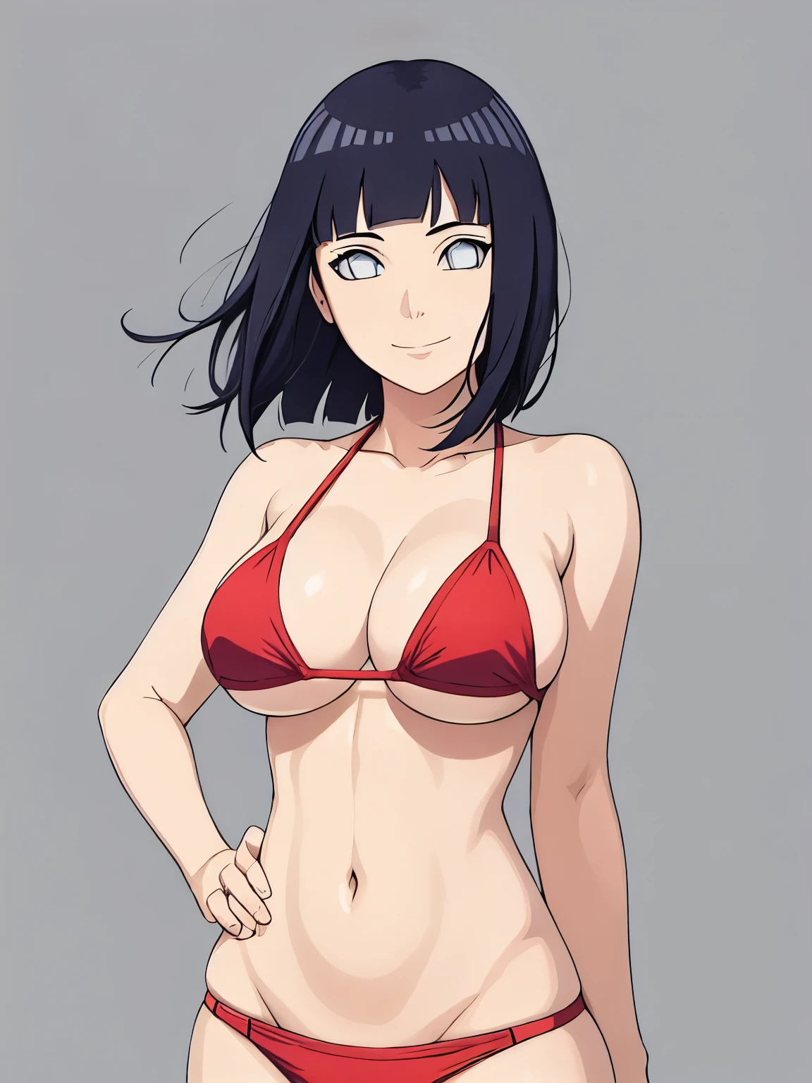 (hinata\(boruto\), (high quality, upper body view only, anime, tall woman, perfect hand anatomy, red bikini, off-shoulders, little biceps, long belly, smile), ((extremely strong)), ((void)), (medium-big breasts, cleavage), closed mouth), (posing for the viewer), pale skin, ((floating hair, dark blue, short hair, hime cut، loose hair), (background: simple white background only), (background: simple white background only)