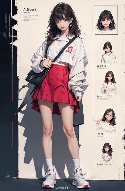 Illustration of a girl wearing for school, a short skirt for school, high technology hand bag for school, school satchel, Full body character sheet, Full body illustration, behance & dribbble hd, Full body painting, Detailed full body concept, Official character illustration, fashion model pose