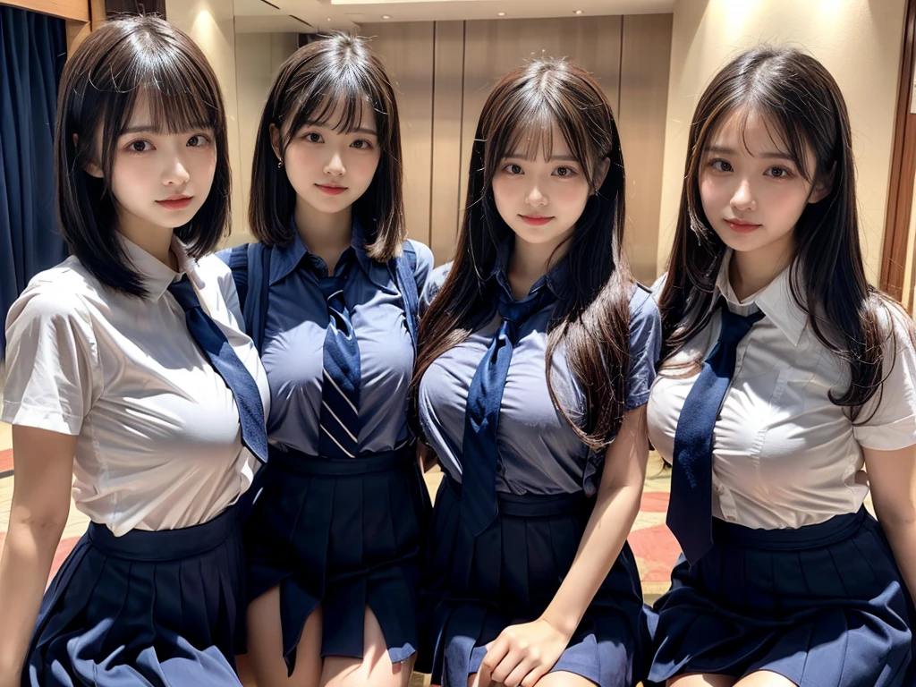 (8K, Raw photography, top-quality, ​masterpiece:1.2),  ((3 beatiful girls))、.（Realistic Skins 1.4）、（（（female high-school student、School Uniforms、）））、{{‎(The background is a luxury hotel room}}（（School Uniforms、white Cutter shirt、darkblue pleatedskirt))、（(long hair)）、((One has short hair)),（A dark-haired、The forehead is hidden by bangs、）、Black eyes、shinny skin.Beautiful delicate face、Beautiful delicate eyes、｛Voluptuous body shape、Thicker thighs｝、One piercing in each ear,((large breasts)), ((navy blue tie)) ,looking at camera, ((close up))