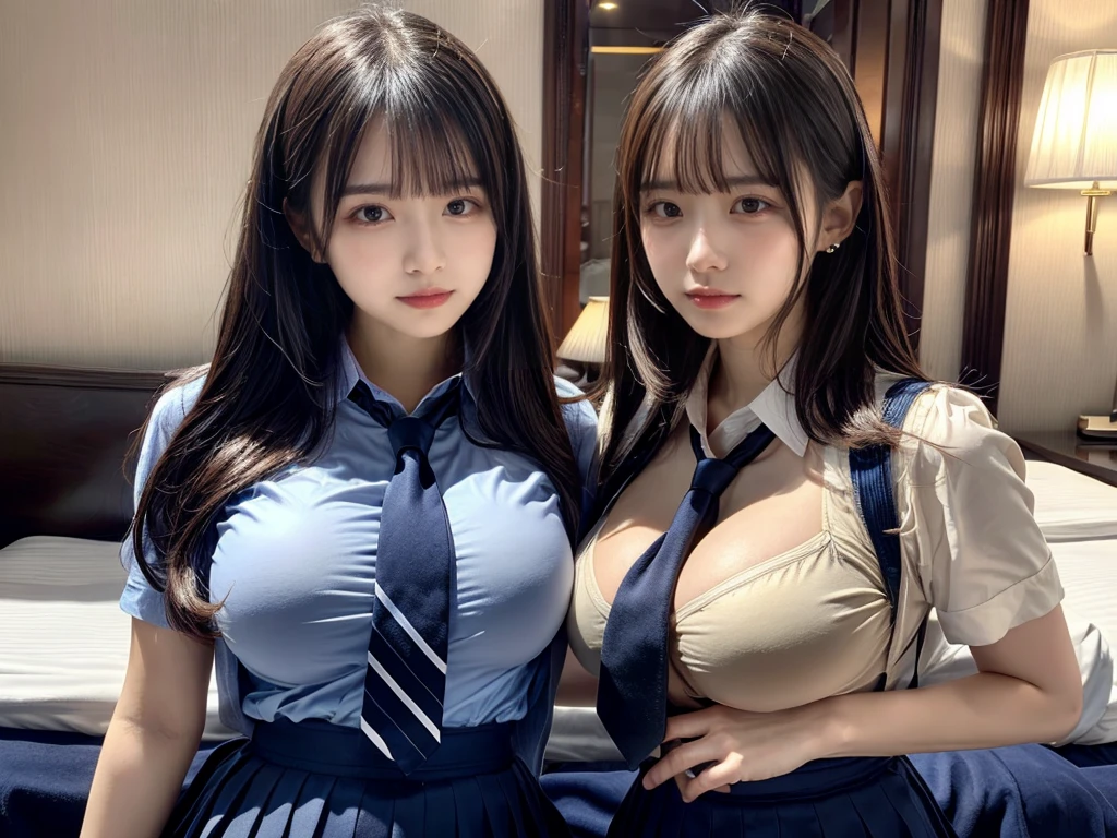 (8K, Raw photography, top-quality, masterpiece:1.2), ((3 beatiful girls))、.(Realistic Skins 1.4)、(((female high-school student、School Uniforms、)))、{{(The background is a luxury hotel room}}((School Uniforms、white Cutter shirt、darkblue pleatedskirt))、((long hair))、((One has short hair)),(A dark-haired、The forehead is hidden by bangs、)、Black eyes、shinny skin.Beautiful delicate face、Beautiful delicate eyes、{Voluptuous body shape、Thicker thighs}、One piercing in each ear,((large breasts)), ((navy blue tie)) ,looking at camera, ((close up))