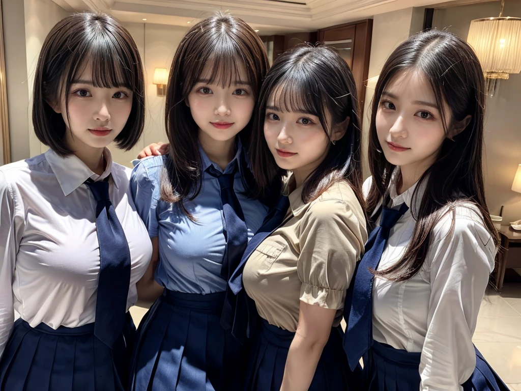 (8K, Raw photography, top-quality, masterpiece:1.2), ((3 beatiful girls))、.(Realistic Skins 1.4)、(((female high-school student、School Uniforms、)))、{{(The background is a luxury hotel room}}((School Uniforms、white Cutter shirt、darkblue pleatedskirt))、((long hair))、((One has short hair)),(A dark-haired、The forehead is hidden by bangs、)、Black eyes、shinny skin.Beautiful delicate face、Beautiful delicate eyes、{Voluptuous body shape、Thicker thighs}、One piercing in each ear,((large breasts)), ((navy blue tie)) ,looking at camera, ((close up))