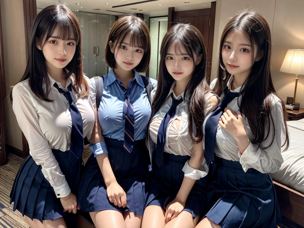 (8K, Raw photography, top-quality, ​masterpiece:1.2),  ((3 beatiful girls))、.（Realistic Skins 1.4）、（（（female high-school student、School Uniforms、）））、{{‎(The background is a luxury hotel room}}（（School Uniforms、white Cutter shirt、darkblue pleatedskirt))、（(long hair)）、((One has short hair)),（A dark-haired、The forehead is hidden by bangs、）、Black eyes、shinny skin.Beautiful delicate face、Beautiful delicate eyes、｛Voluptuous body shape、Thicker thighs｝、One piercing in each ear,((large breasts)), ((navy blue tie)) ,looking at camera, ((close up))