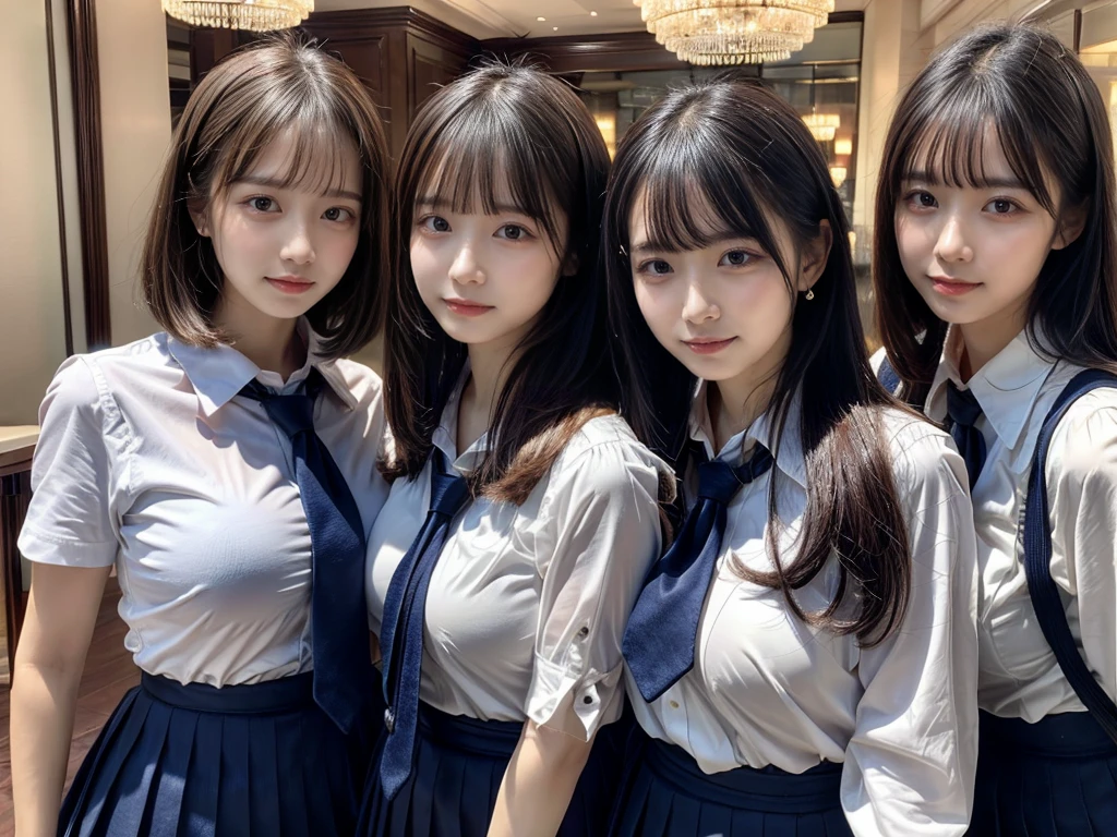 (8K, Raw photography, top-quality, ​masterpiece:1.2),  ((3 beatiful girls))、.（Realistic Skins 1.4）、（（（female high-school student、School Uniforms、）））、{{‎(The background is a luxury hotel room}}（（School Uniforms、white Cutter shirt、darkblue pleatedskirt))、（(long hair)）、((One has short hair)),（A dark-haired、The forehead is hidden by bangs、）、Black eyes、shinny skin.Beautiful delicate face、Beautiful delicate eyes、｛Voluptuous body shape、Thicker thighs｝、One piercing in each ear,((large breasts)), ((navy blue tie)) ,looking at camera, ((close up))