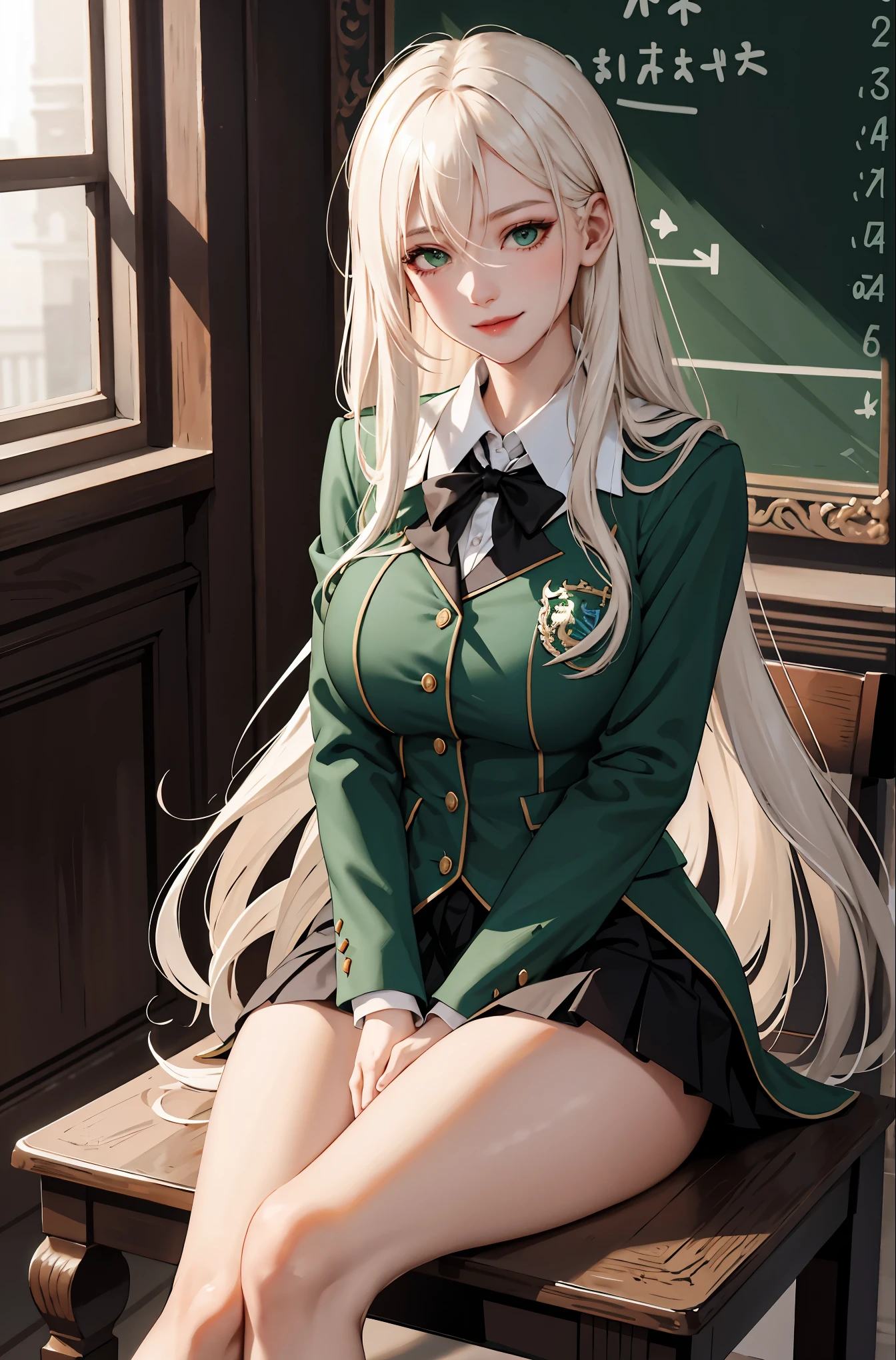 。.3D, 1girll,  full bodyesbian,  tmasterpiece, Best quality at best, 8K, detailed skin textures, Detailed cloth texture, Beautiful detailed face, intricately details, ultra - detailed，blond hairbl，Slytherin school uniform，teens girl，Hogwarts background，long whitr hair，校服，Black magic robes，green necktie，