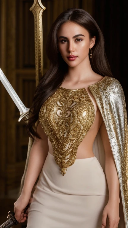 extremely beautiful young lady, subtle makeup, golden hour, photorealistic, high contrast, 8k HD, detailed, hyper-detailed, realistic skin texture, long dark hair, big breast, best quality, ultra high res, raw photo, dramatic lighting, unreal engine, diffuse glow  intricate silver eaba, white imperial cape, spear, sword, no helm