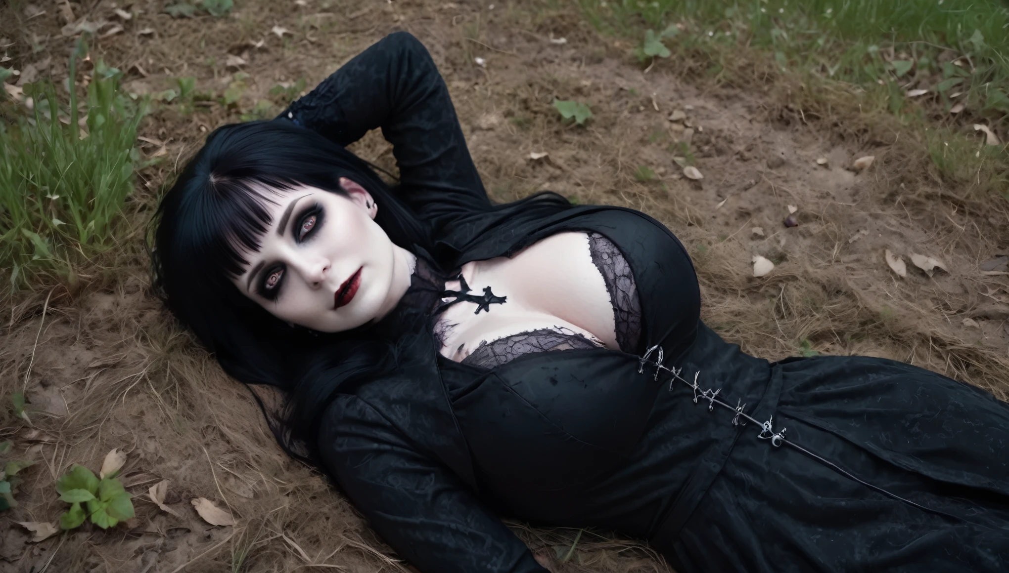 a beautiful woman that is laying down on the ground, a character portrait inspired by Edna Mann, deviantart, gothic art, elvira in tattered clothes, very beautiful goth top model, goth woman, large breasts, smiling, photo realistic, 8k, vibrant color, distant full body view