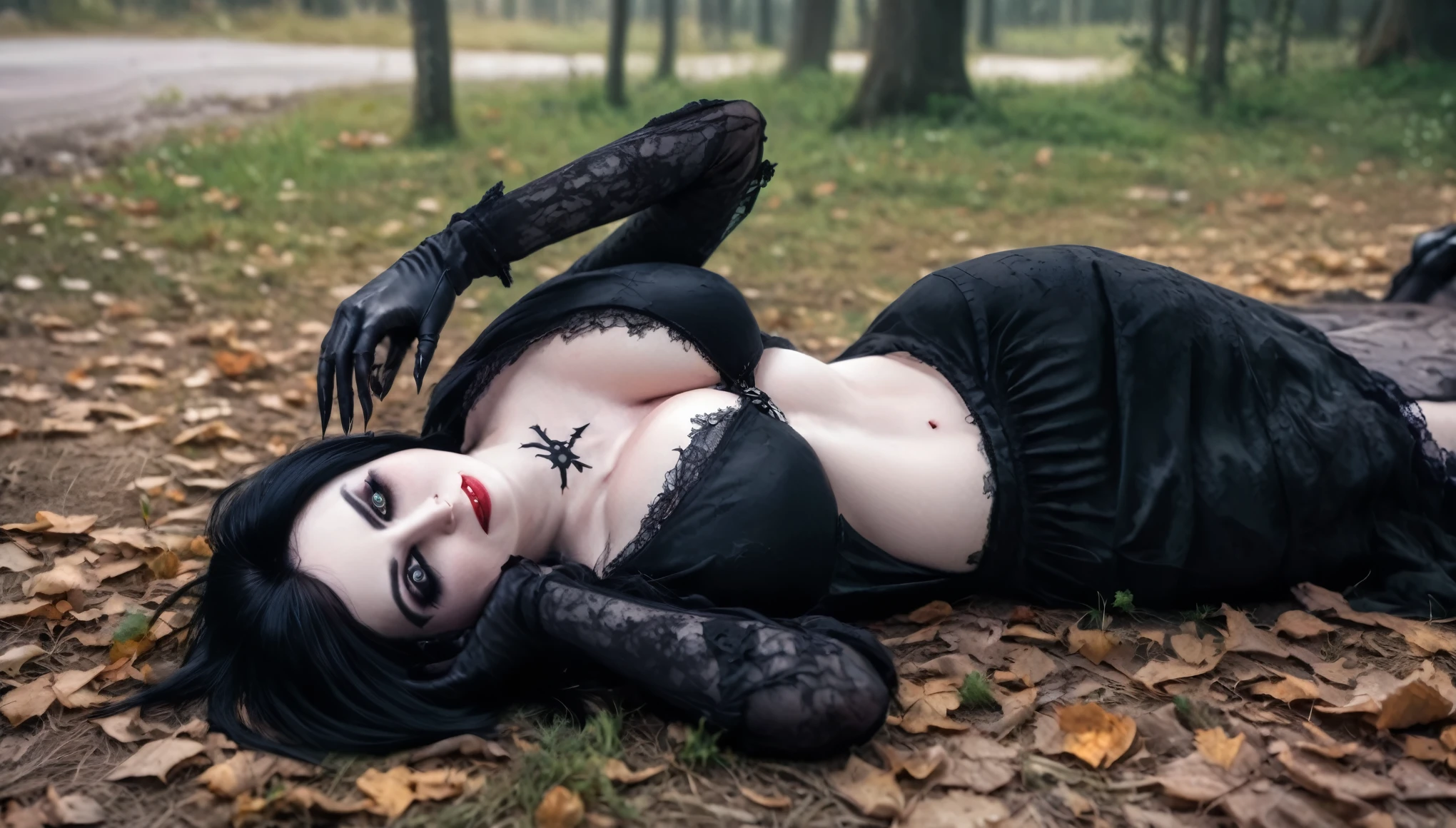a woman that is laying down on the ground, a character portrait inspired by Edna Mann, deviantart, gothic art, elvira in tattered clothes, very beautiful goth top model, goth woman, large breasts, photo realistic, 8k, vibrant color