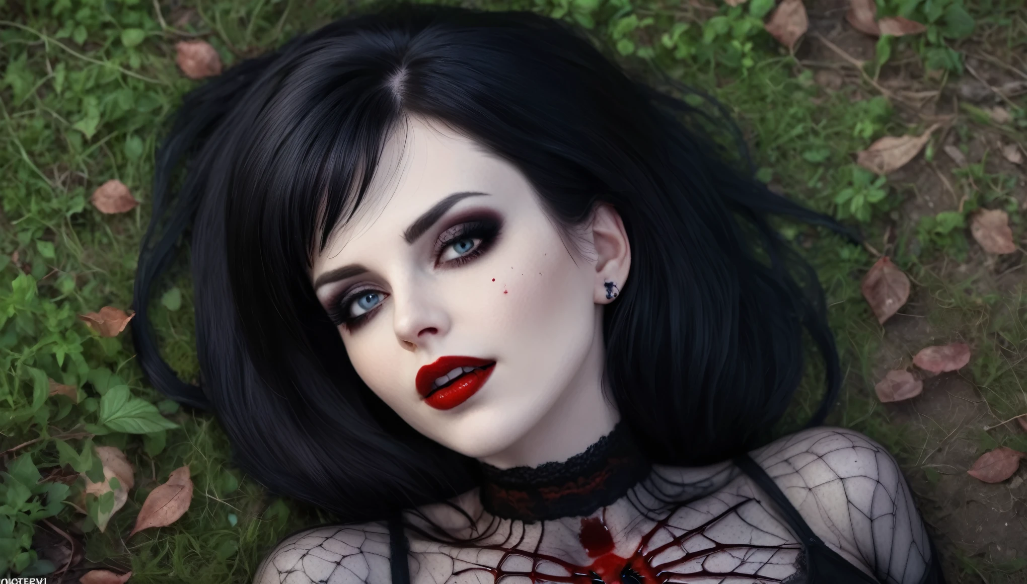 a beautiful woman that is laying down on the ground, a character portrait inspired by Edna Mann, deviantart, gothic art, elvira in skimpy sexy tattered clothes, very beautiful goth top model, sexy bottom model, blood red lipstick, full lips, goth woman, necklace shaped like a spider, large breasts, smiling, photo realistic, 8k, vibrant color, distant full body view