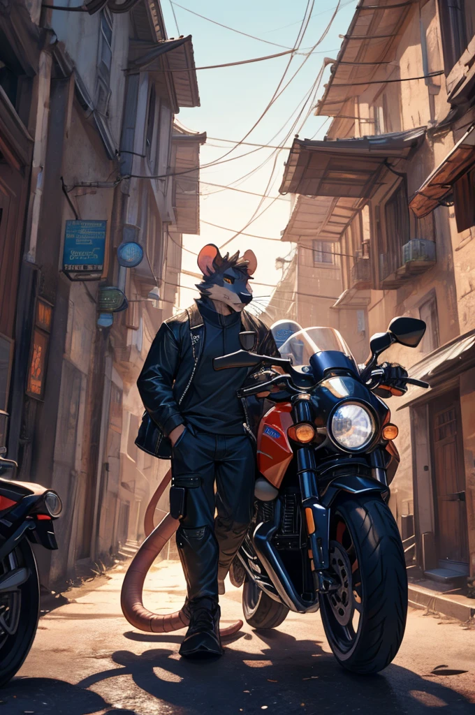 handsome male, rat, tall slinky muscular build, light silver long messy fringe, ((best quality)), ((masterpiece)), (detailed), perfect face, silver fur, gold eyes, detailed eyes , large baggy white t-shirt, mysterious, black shorts, black sports motorcycle, riding motorcycle, dimly lit country road, the wind blown though the mouces fur, he leans into the turns