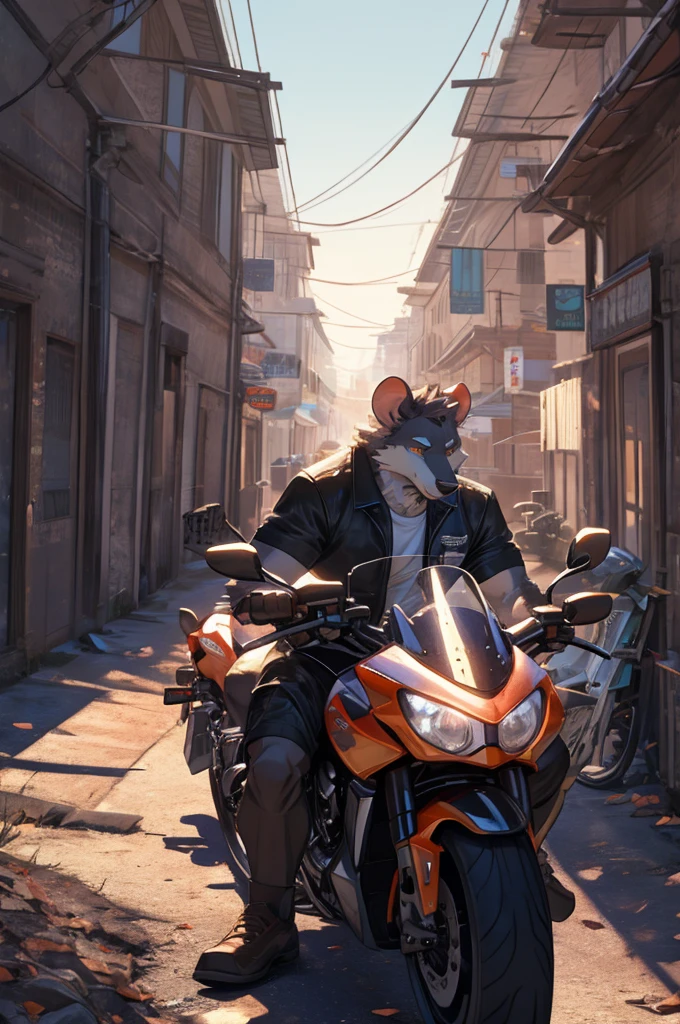 handsome male, rat, tall slinky muscular build, light silver long messy fringe, ((best quality)), ((masterpiece)), (detailed), perfect face, silver fur, gold eyes, detailed eyes , large baggy white t-shirt, mysterious, black shorts, black sports motorcycle, riding motorcycle, dimly lit country road, the wind blown though the mouces fur, he leans into the turns