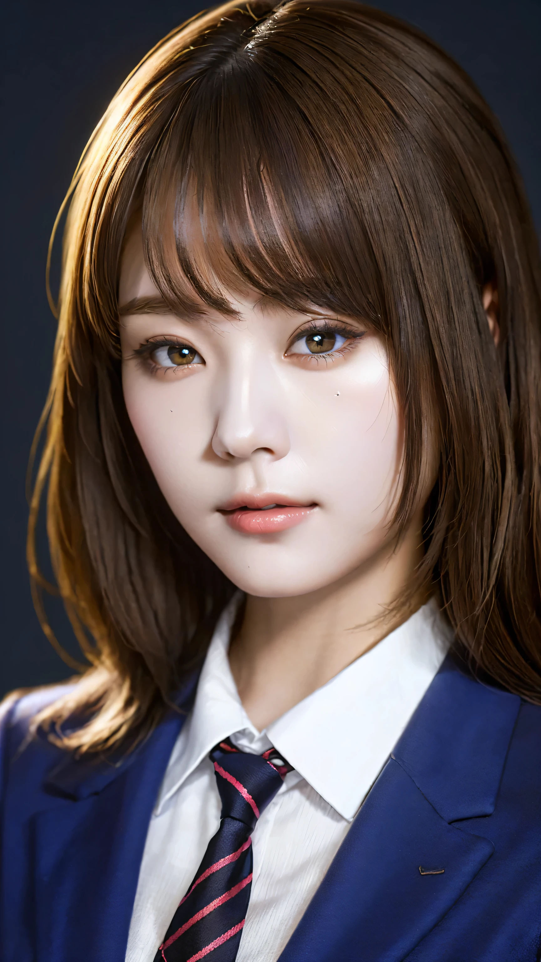 ((Face close-up:1.21)), Shut your mouth, (highest quality:1.4), 32K resolution, (Realistic:1.5), (Ultra-realistic:1.5), High resolution UHD, (masterpiece:1.2)), (Improvement of quality:1.4), (Very beautiful face details), (Highest quality realistic skin texture:1.4), 1. woman, Supermodel, ************, Perfect Anatomy:1.37, Japanese woman, high school girl, Gal high school girl, gravure, sexy, (Japanese navy blue school uniform), (Dark blue blazer jacket:1.37), (Collared blouse shirt:1.37), (Ribbon tie with lines:1.21), necklace, Earrings, (Black Wallpaper Background:1.21), Thin lashes, Sharpen your eyebrows, (Gal Makeup:1.37),  (Long eyeliner), (Pink IP Stick:1.1), (Detailed nose:1.2), Perfect composition, (the most absurd quality perfect eyes:1.35), ((ultra quality in absurd-res clear unblurred and sharp perfectly round realistic brown_eyes:1.35), Extremely Intricate details:1.25), ((finely detailed pupils:1.4)), (tired, Sleepy and satisfied:0.0), (Beautiful Lips:1.33), (Great nose:1.2), (Flat Chest), (Slim lower body), Hair swaying in the wind, (Ash Blonde Hair:1.21), (graduated haircut hair:1.21), Let your bangs hang long,((Realistic)), ((Sharp focus)), (Highest Resolution), dramatic cinematographic lighting,