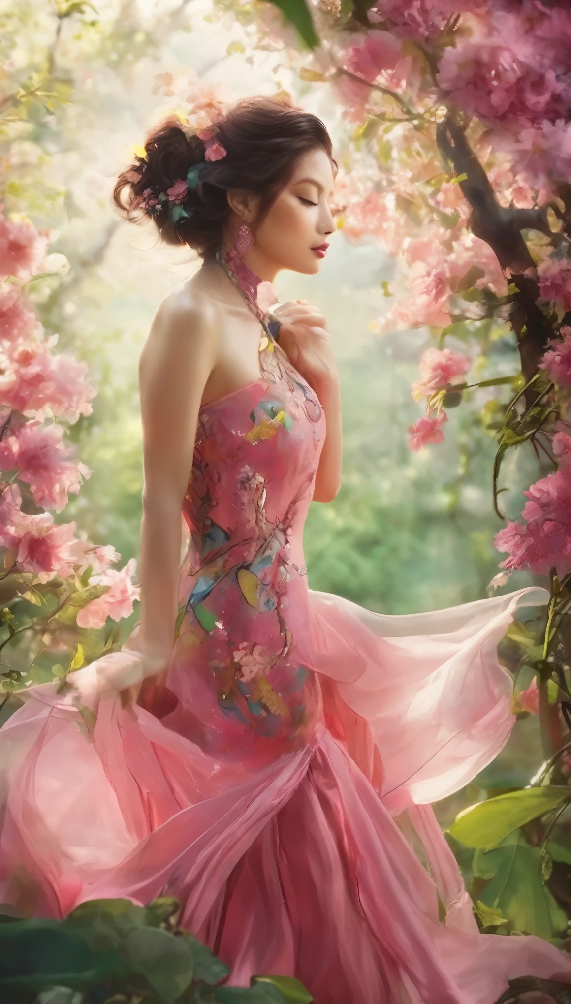 melhor qualidade, ultra-detalhado, Cores brilhantes, Bokeh, lindos olhos verdes detalhados, Beautiful Pink Lips Detailed, Clothing: elegante vestido verde cortado em forma de folha, couro de flores. Flora, natureza, plantas, Vegetation, ethereal, Magical, brilhante, Eccentric, fada, Botanical Elements, vinhas fluindo, flores em flor, jardim exuberante, luz solar filtrada pelas folhas, delicate petals, detalhes intrincados, Doce e sonhador, encantador, Feminino, mysterious lighting, Cores brilhantes, surrealista, fantasia, aspecto sobrenatural, ninfa, cabelos longos e soltos com reflexos verdes, delicate features, beleza natural, sorriso radiante, Brisa suave, Atmosfera calorosa e acolhedora. Pintura tradicional chinesa, pintura a tinta, pintura a tinta, estilo de pintura chinesa.