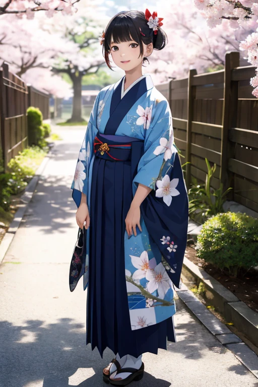 Masterpiece, top quality, 16K UHD,
standing,
Japanese schoolyard setting, Cherry blossoms in bloom, 1 girl, young,
Blue floral long sleeve hakama top, Kimono obi with a long red gradation hakama, , bangs, a small smile,
Thighs and knees visible, Barrette with a flower brooch atop her bangs,
Front light illuminates her from below, highlighting the intricate patterns of her kimono and obi.