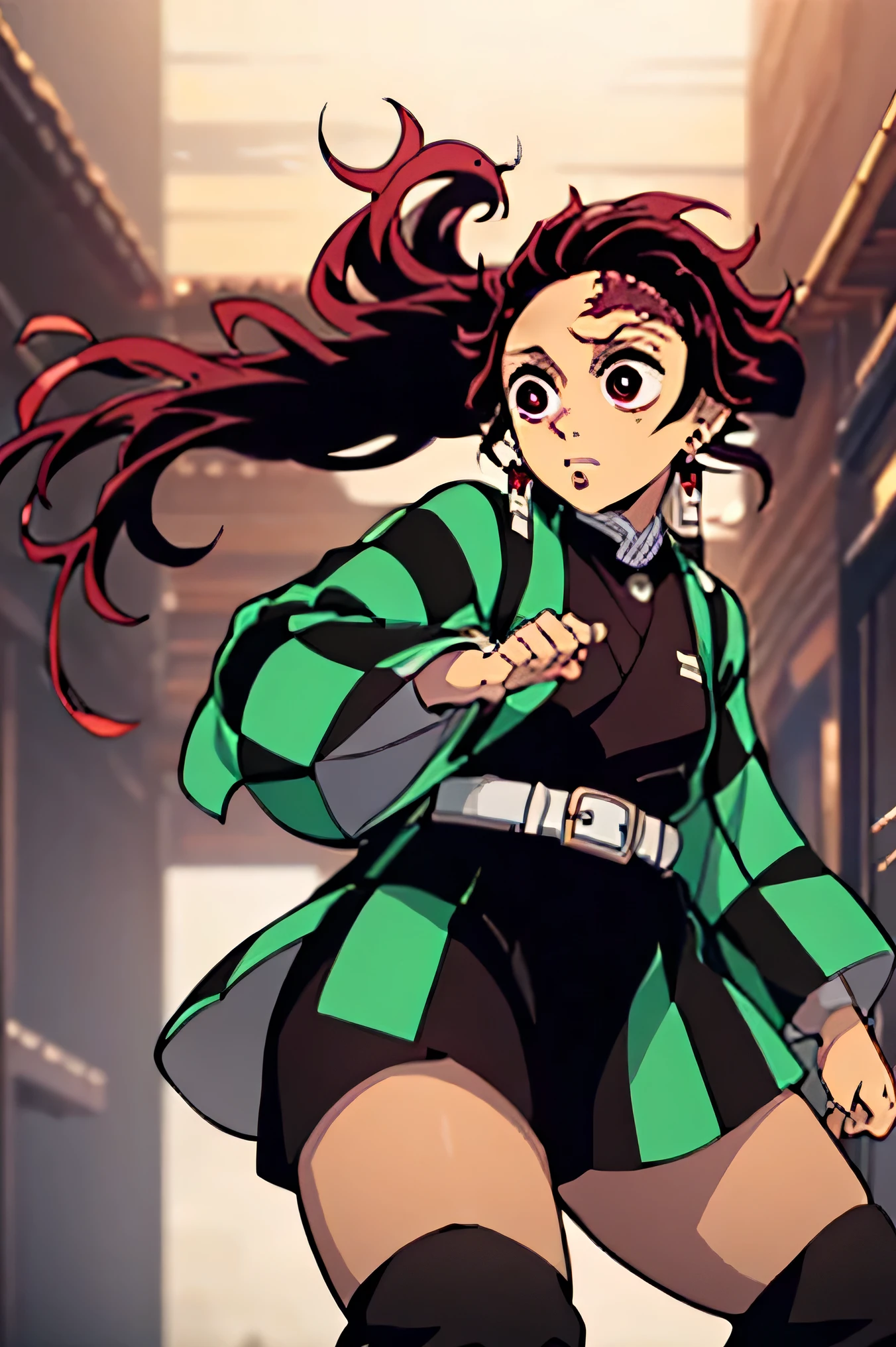 Create an image of a female version of Tanjiro from Demon Slayer. She should have the same hair color and dress color as Tanjiro, but with long hair styled similarly to his. Please make sure she retains the same overall style and appearance as Tanjiro, but with distinctly feminine features like skirt and .