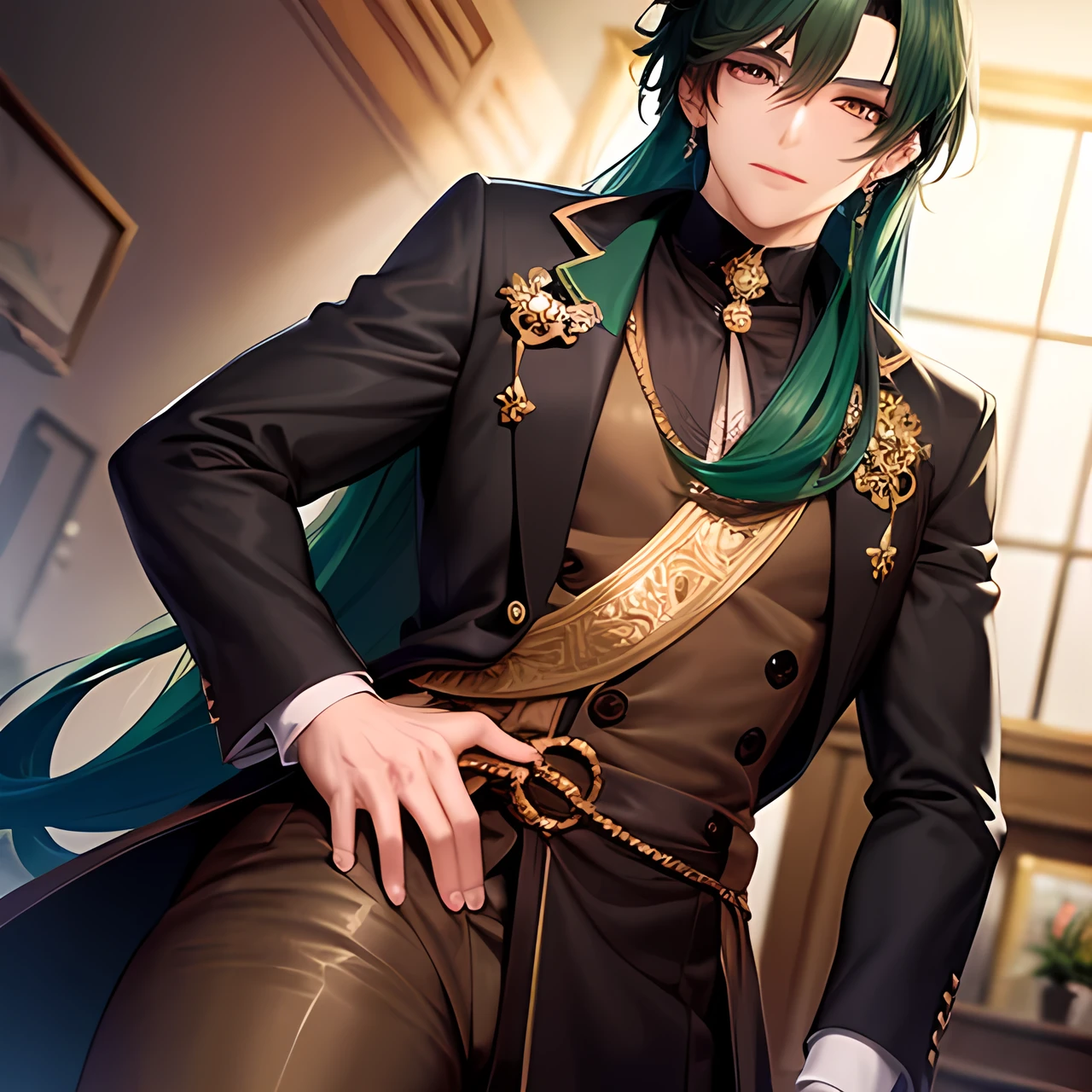 Man dark green hair golden eye black and gold suit handsome