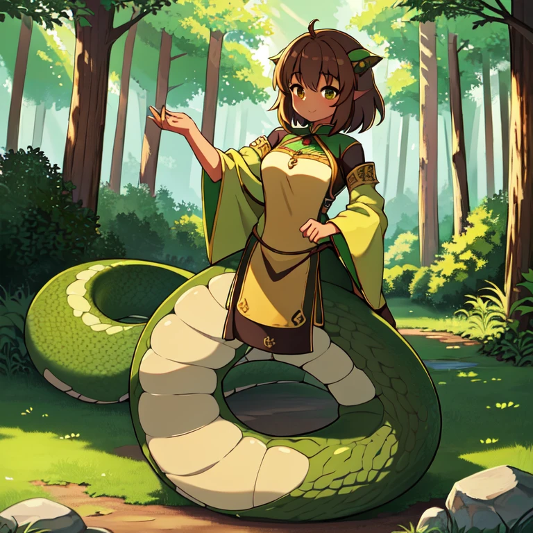 ((1girl)), brown hair hair, brown skin, lamia, olive-green scales, silky tail, best quality, high quality, highres, full body, wallpaper, masterpiece, 4k, 8k, standing, feminine clothing, forest, 