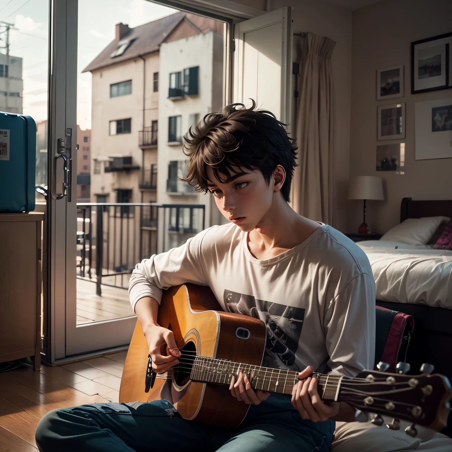 A teenage boy, playing guitar inside his room, lo-fi style, manga, anime, yellowish pigmentation