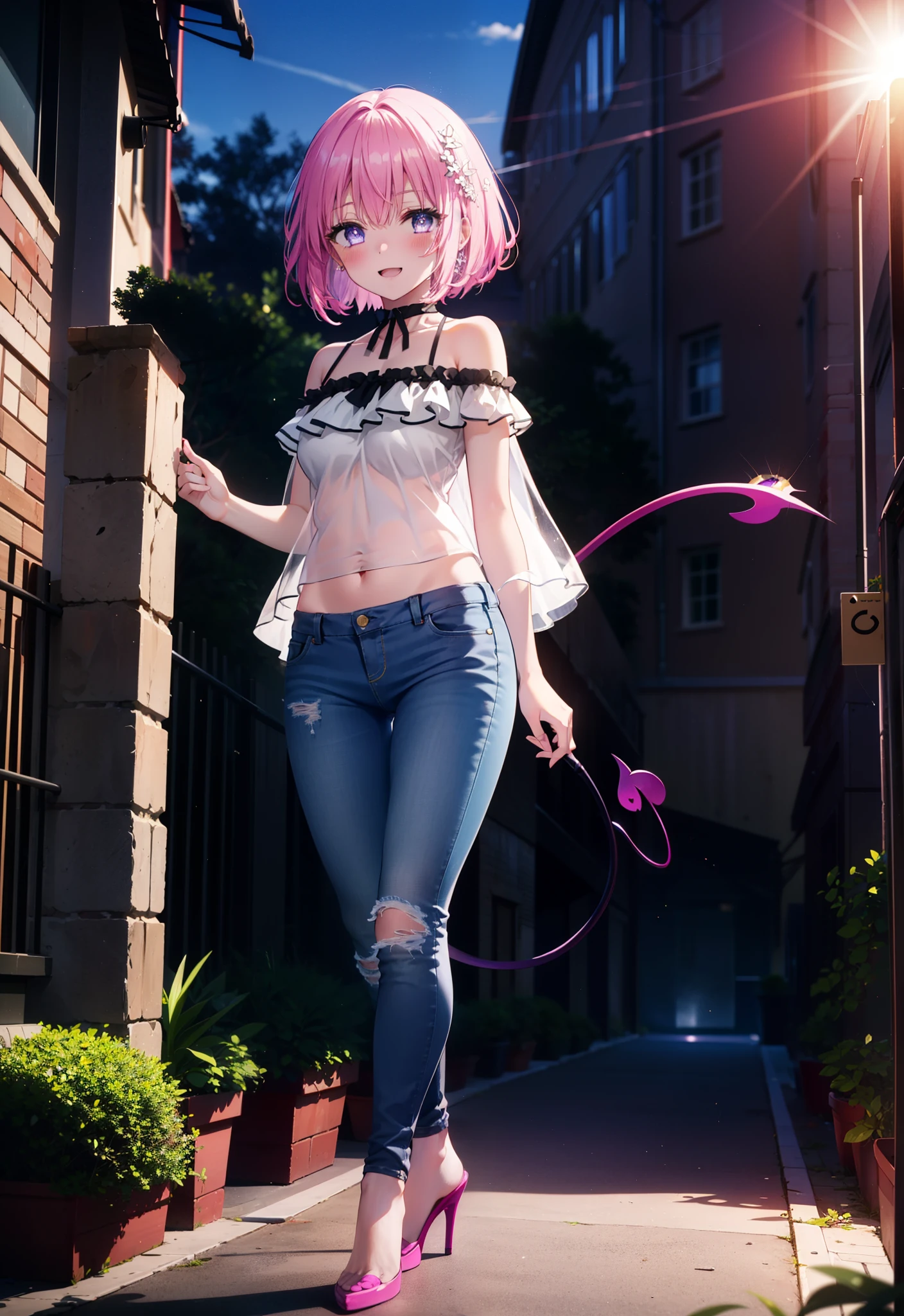Momodebilke, A type of Deviluke, demon tail, Hair Flowers, hair ornaments, (Purple eyes:1.1), Pink Hair, short hair, tail, blush,happy smile, smile, Open your mouth,
break demon tail, Cordo shoulder top,Skinny jeans,Stiletto heels,morning,morning陽,The sun is rising,Walking,whole bodyがイラストに入るように, break outdoors, 公園 break looking at viewer, whole body, break (masterpiece:1.2), highest quality, High resolution, unity 8k wallpaper, (figure:0.8), (beautiful detailed eyes:1.6), extremely detailed face, Perfect lighting, extremely detailed CG, (Perfect hands, Perfect Anatomy),