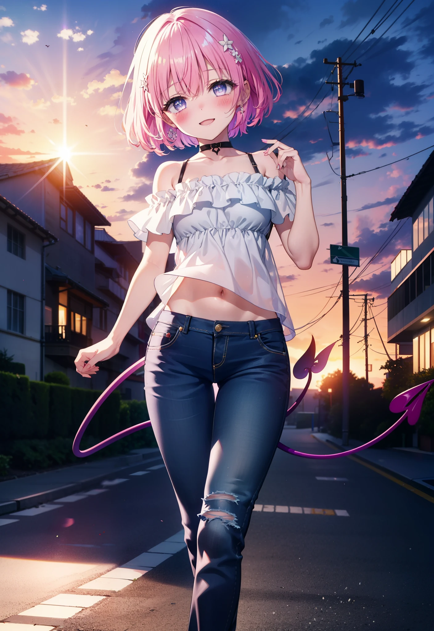 Momodebilke, A type of Deviluke, demon tail, Hair Flowers, hair ornaments, (Purple eyes:1.1), Pink Hair, short hair, tail, blush,happy smile, smile, Open your mouth,
break demon tail, Cordo shoulder top,Skinny jeans,Stiletto heels,morning,morning陽,The sun is rising,Walking,whole bodyがイラストに入るように, break outdoors, 公園 break looking at viewer, whole body, break (masterpiece:1.2), highest quality, High resolution, unity 8k wallpaper, (figure:0.8), (beautiful detailed eyes:1.6), extremely detailed face, Perfect lighting, extremely detailed CG, (Perfect hands, Perfect Anatomy),