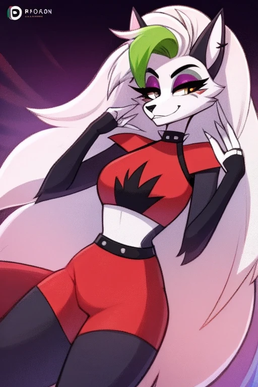 best quality, roxanne fusion with loona and queen bee, solo, furry female, body fur, makeup, sexy clothes, super detailed, high detail eyes, perfect proportion