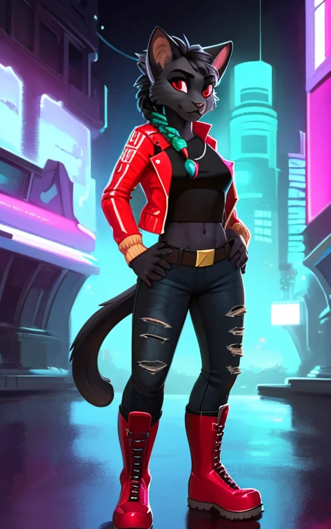 8k,4k,((Best quality, masterpiece, ultra high resolution)),((full body, by pixelsketcher)), Clairen,furry, tail, animal ears, cat ears, cat tail, furry,black fur, black hair, furry female,red eyes, torn clothes, pants, jacket, belt, denim, red jacket, shoes, jeans, animal nose, shirt, black shirt,braid,multicolored hair, blue hair, red boots, boots,cyberpunk,((hair)),long hair, navel, wide hips, hands on hips,