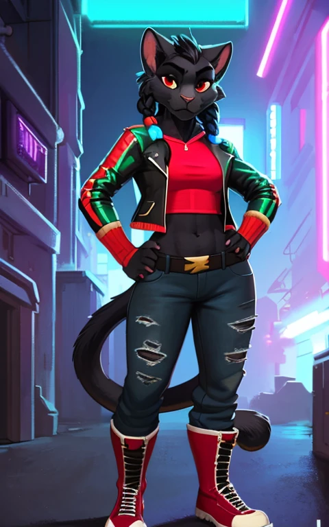 8k,4k,((Best quality, masterpiece, ultra high resolution)),((full body, by pixelsketcher)), Clairen,furry, tail, animal ears, cat ears, cat tail, furry,black fur, black hair, furry female,red eyes, torn clothes, pants, jacket, belt, denim, red jacket, shoes, jeans, animal nose, shirt, black shirt,braid,multicolored hair, blue hair, red boots, boots,cyberpunk,((hair)),long hair, navel, wide hips, hands on hips,