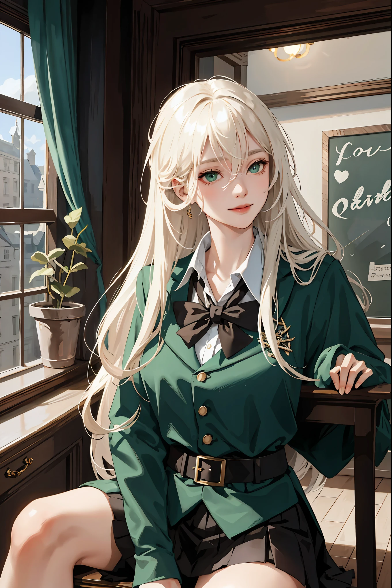 (masterpiece:1.2, best quality), (real picture, intricate details), 1lady, solo, upper body, showing legs, sitting down, school, school settings, long hair, minimal makeup, detailed face, smiling, really long platinum blonde hair, bangs, hair between eyes, green eyes, big plump breasts, big breasts, big ass, SFW, clothes, Slytherin, Slytherin clothes, Hogwarts, Hogwarts clothing, (school classroom), (face closeup)