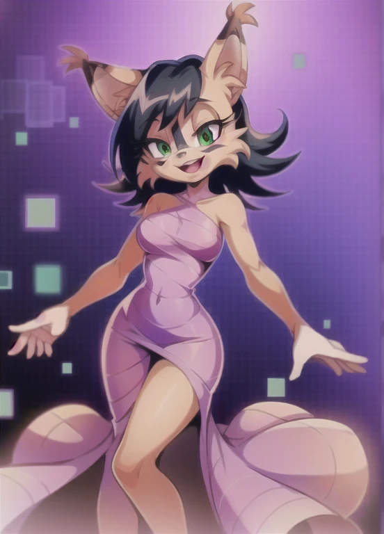 nicolethelynx, (best quality, masterpiece:1), furry female anthro, single-shoulder dress, purple wrap dress, standing, looking at viewer, open mouth, smile, (digital abstract background:1.2),