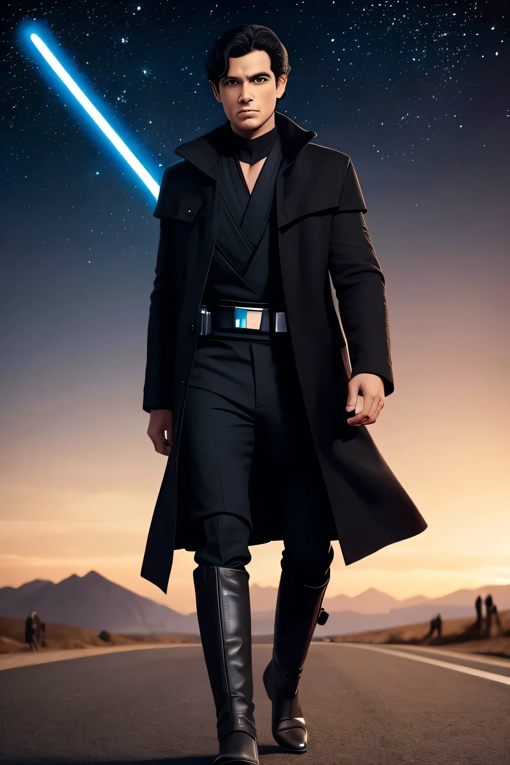 homem jovem pardo, belos olhos, sobrancelha raivosa, 1,91 metros de altura, black coat and pants, boots on feet, medium black hair combed back. (Star Wars Character)