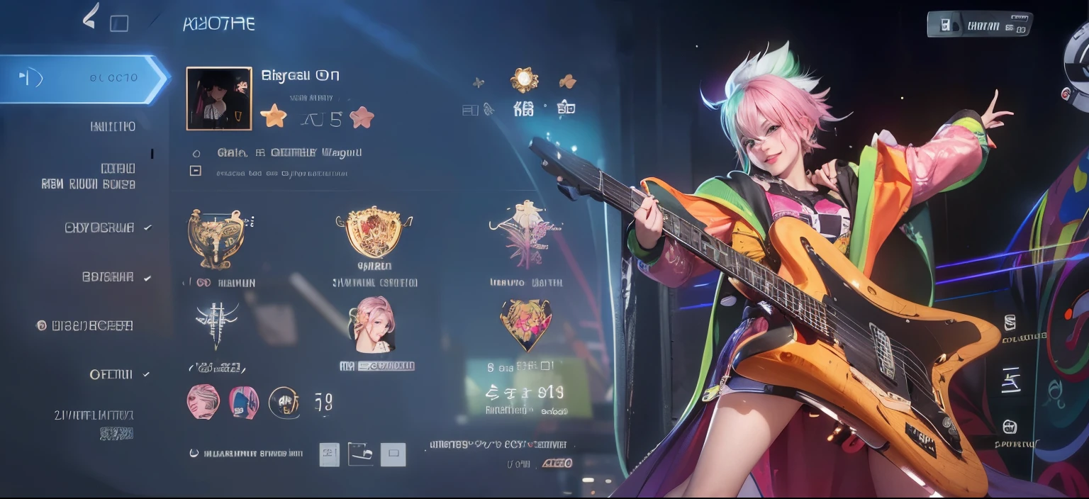 (8k, RAW photo, photorealistic:1.25) ,( lipgloss, eyelashes, gloss-face, glossy skin, best quality, ultra highres, depth of field, chromatic aberration, caustics, Broad lighting, natural shading, looking at viewer with a serene and goddess-like happiness, ultra detailed texture, hyper realistic, detailed texture, detailed face, detailed skin, detailed hair, real hair, detail eyes, cinematic background, a girl with pink hair holding a guitar, smile happy