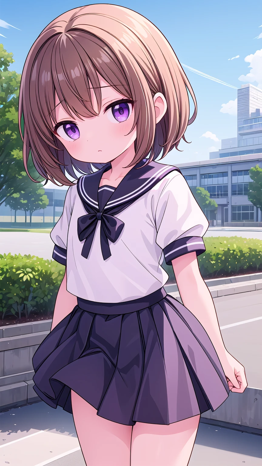 (High quality), (masterpiece), (very detailed), girl, (flat chest:1.6), short brown hair, purple eyes, shy face, primary school girl, white blouse, black skirt with pleats, (chibi:0.6), showing her thighs, on the school yard, sunny, detailed fingers, school girl, (sailor uniform), confessing his love towards the viewer, spectator looked under her