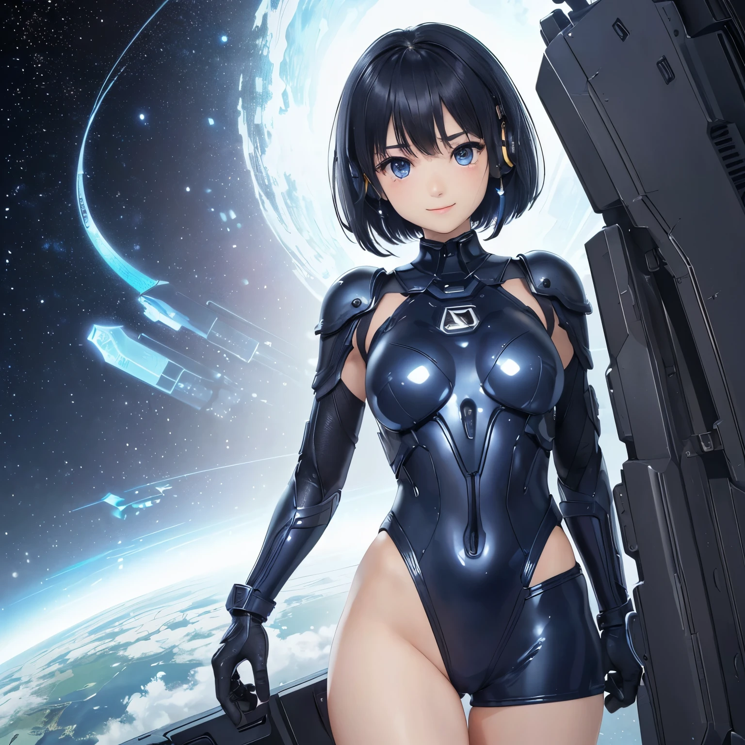 (masterpiece、highest quality、Highest Resolution、clear_image、Detailed explanation、Top view): (Full body portrait、One 20 year old girl、The Face of Japan、Small face、thin、Navy blue super short bob cut hair、(Hidden Small:1.3)、Sparkling blue eyes、Blue and black shiny pilot suit、Armor to protect the chest、Tight fitting clothes、Clothing that covers the entire body、Shiny clothes、Tight Fit Pants、Hide your skin、Very delicate and beautiful、Detailed skin、hide thighs、Hide your ass、Cute type、A kind smile、Soft look、heroine、headset、Knee-high boots、Elbow-length gloves、Eye-level shot、Facing forward、Woman on a spaceship)