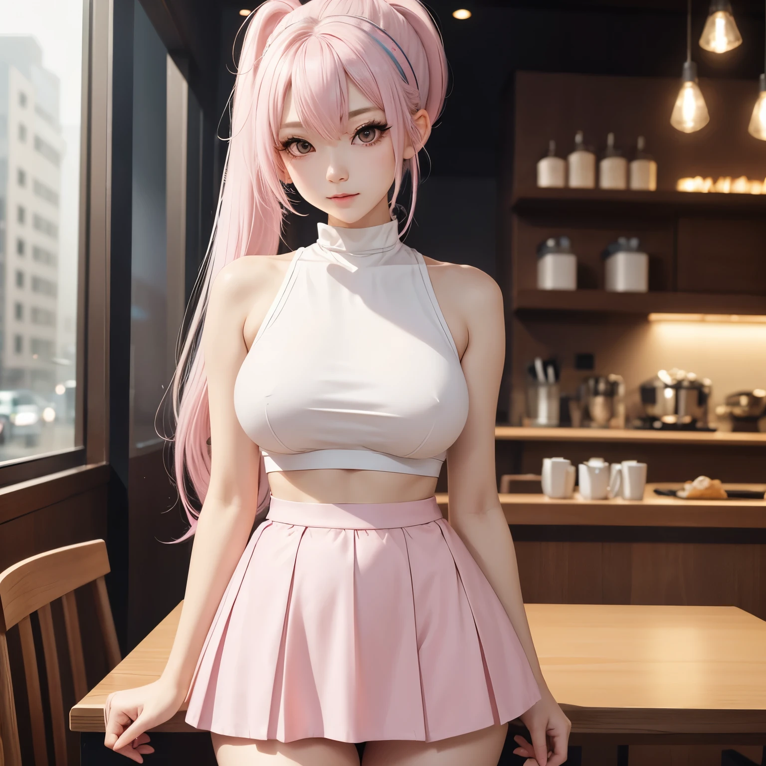 Woman, One, 18 Years old, Korean, Skinny, Pale skin, Skinny thighs, Cute face, Makeup, Seductive smirk, Long eyelashes, Gradient hair, White hair, Pink hair, Bangs, Ponytail, Tight top, Mini skirt, Headphones, Intricate clothes, Full body, Cafe, Cinematic light, Masterpiece, Cleavege, Big breasts, Large breasts, Rounded breasts