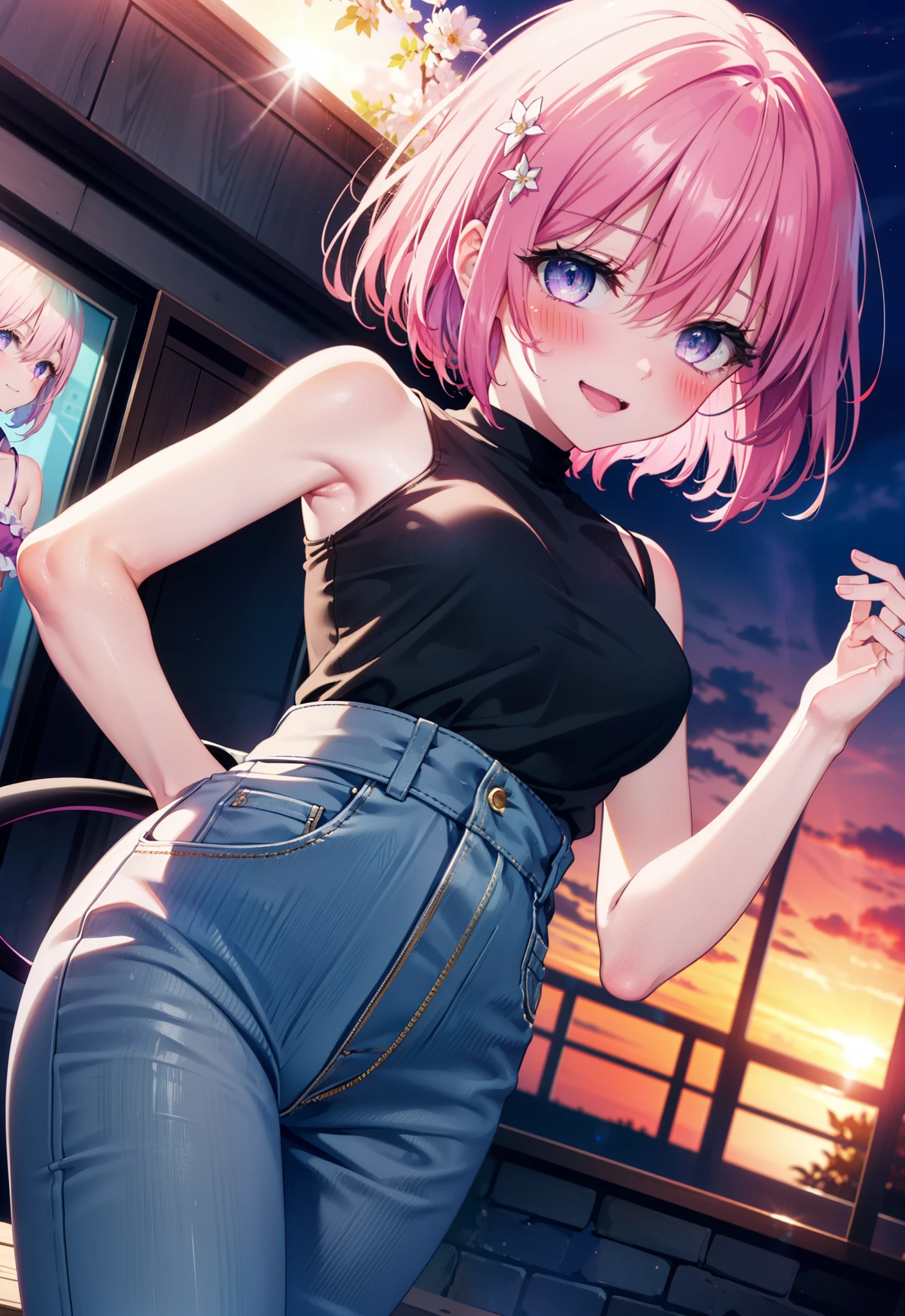 Momodebilke, A type of Deviluke, demon tail, Hair Flowers, hair ornaments, (Purple eyes:1.1), Pink Hair, short hair, tail, blush,happy smile, smile, Open your mouth,
break demon tail, Cordo shoulder top,Skinny jeans,Stiletto heels,morning,morning陽,The sun is rising,Walking,whole bodyがイラストに入るように, break outdoors, 公園 break looking at viewer, whole body, break (masterpiece:1.2), highest quality, High resolution, unity 8k wallpaper, (figure:0.8), (beautiful detailed eyes:1.6), extremely detailed face, Perfect lighting, extremely detailed CG, (Perfect hands, Perfect Anatomy),