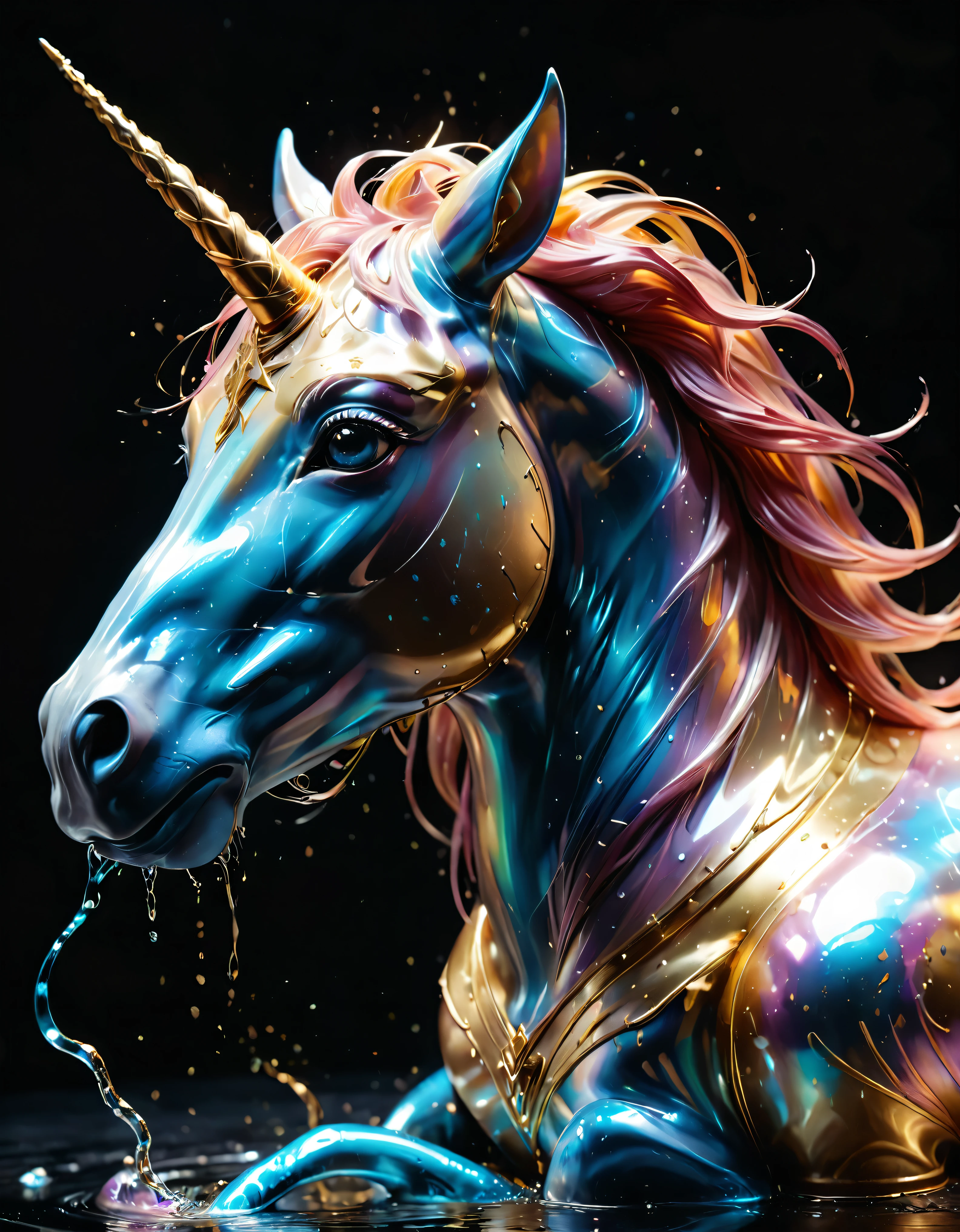 ((liquid_metal_sculpture):1.5), ((soft_color_tones):1.4), ((shiny_liquid_metal_art):1.3), ((soft color unicorn):1.4)),((Movie-like still images and dynamic angles):1.3), Gouache with intricate details, Add a touch of realism to this visually detailed and stylistically diverse masterpiece, Detailed sculpture have been enhanced, Careful sculpture creates an atmosphere, Utilize delicate yet powerful sculpture techniques, Create an enchanting atmosphere. highly detailed gouache, ((Unparalleled sharpness and clarity):1.1), ((Radiosity rendered in stunning 32K resolution):1.3), All captured with sharp focus. Rendered in ultra-high definition with UHD and retina quality, this masterpiece ensures anatomical correctness and textured skin with super detail. With a focus on high quality and accuracy, this award-winning portrayal captures every nuance in stunning 16k resolution, immersing viewers in its lifelike depiction. | ((perfect_composition, perfect_design, perfect_layout, perfect_detail, ultra_detailed)), ((enhance_all, fix_everything)), More Detail, Enhance.