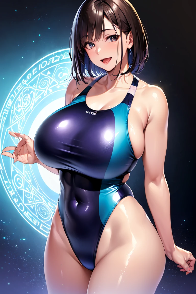 (nsfw:1.2), (A high resolution, masterpiece, Best Quality, High resolution:1.8), (Photorealistic:1.5), (40 yo woman:1.8), (Dim light), (Light on the Face:0.5), (Detailed face, detailed hairs, Detailed skin, (shiny eyes:1.5)), (Cowboy Shot:1.8), (gigantic breast), (slender), ((Squint and smile wide:1.3), (Smile:1.6), (Opened mouth:1.3)), (Looking straight:1.8), (standing), (Shiny skin, high gloss skin:1.8), (competition swim suit:1.5), (gleaming skin:1.6), (Standing on  the magic circle:1.5), 