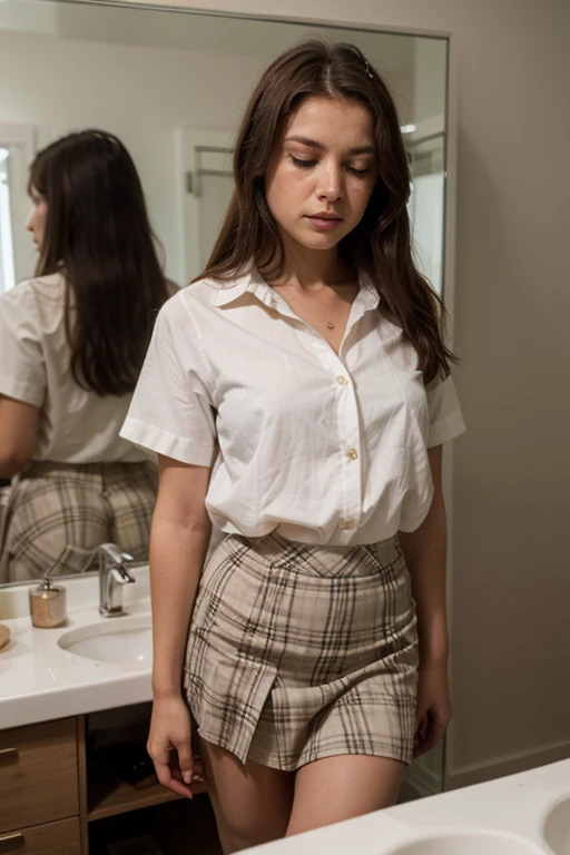 A girl with brown hair in a white button-down blouse and plaid skirt looking at her reflection in front of a mirror crying and looking in pain