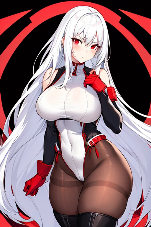 1girl, white hair, long hair, red eyes, serious, glowing eyes, large breasts, thick thighs, mature female, athletic  female, toned, leotard, black leotard, thighhighs, belt, knife, knifes, pantyhose, highleg leotard, highleg, red pantyhose