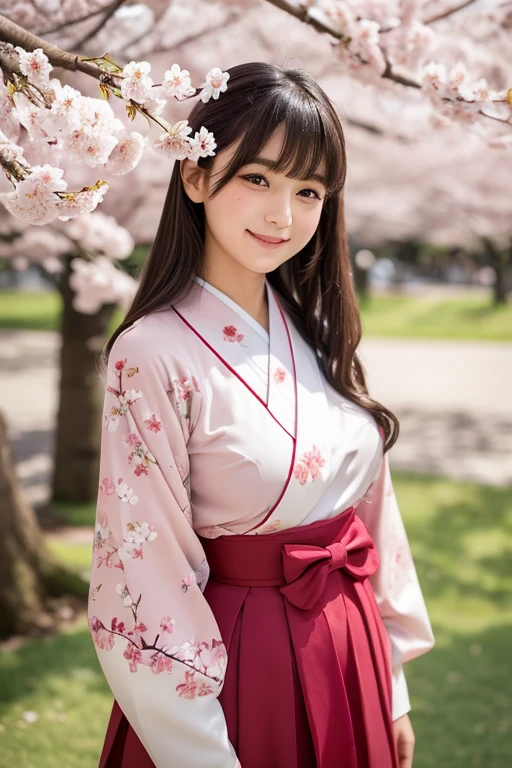 Girl under the blooming cherry blossoms in the park, Donning a floral long-sleeved hakama top and a red obi belt, paired with a lush green long hakama. At fourteen years old, adorned with bangs that frame her youthful face as she gives a small, enchanting smile. A barrette with a floral brooch keeps her hair in place, while her thighs and knees peek from beneath the hem of her hakama, adding a touch of innocence. Captured from a low angle, the front light highlights the delicate details of her face, making the petals of the cherry blossoms seemingly dance around her